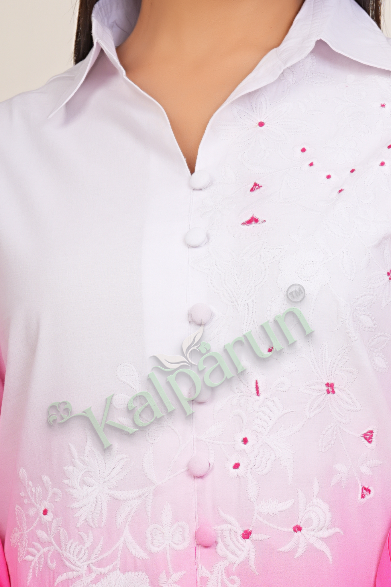 Kalparun Women's Ombre Cotton Suit Set with Floral Embroidery, White to Pink Gradient, Button-Down Tunic with Pants