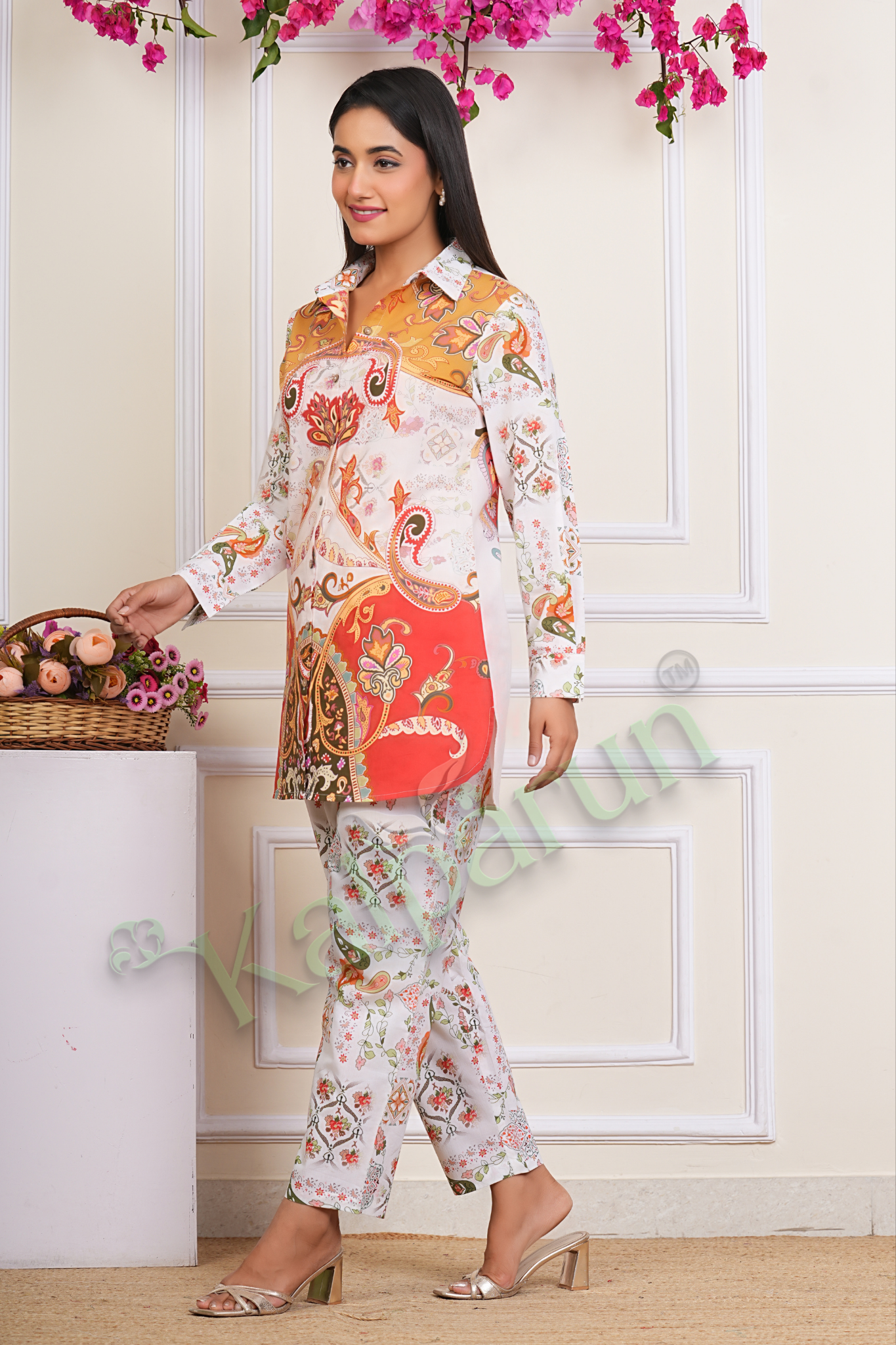KALPARUN Women's Paisley Print Cotton Lounge Set, White and Orange Floral Pattern, Long Sleeves, Collared Shirt with Pants