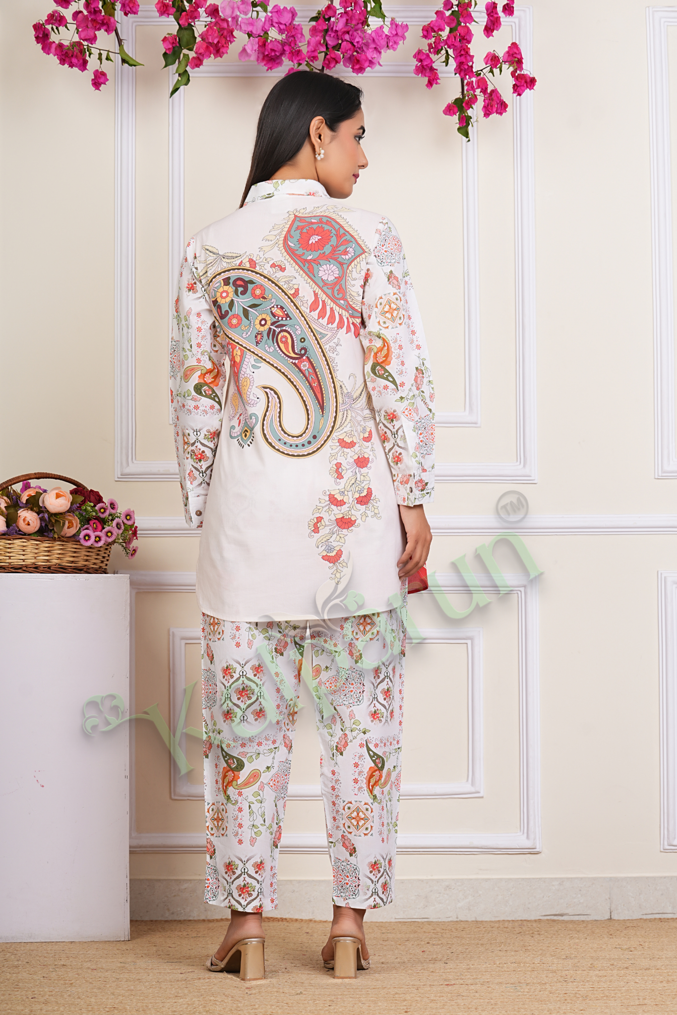KALPARUN Women's Paisley Print Cotton Lounge Set, White and Orange Floral Pattern, Long Sleeves, Collared Shirt with Pants