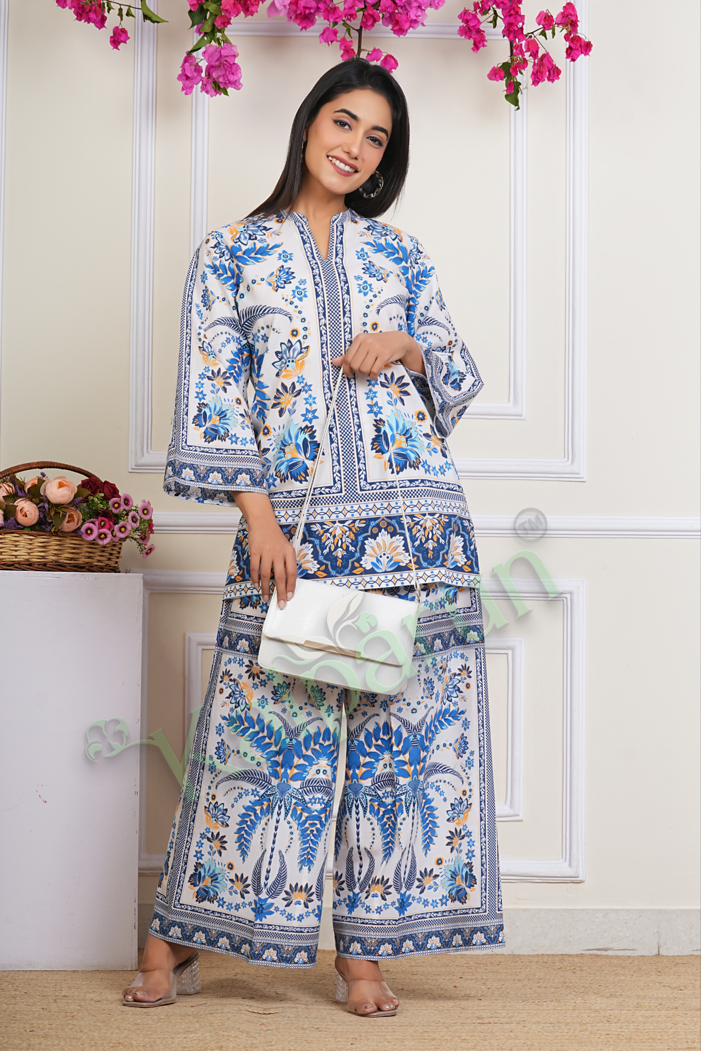 KALPARUN Women's Floral Print Co-Ord Set, White and Blue Pattern, 3/4 Sleeves, V-Neck, Traditional Border Design with Plazzo Pant