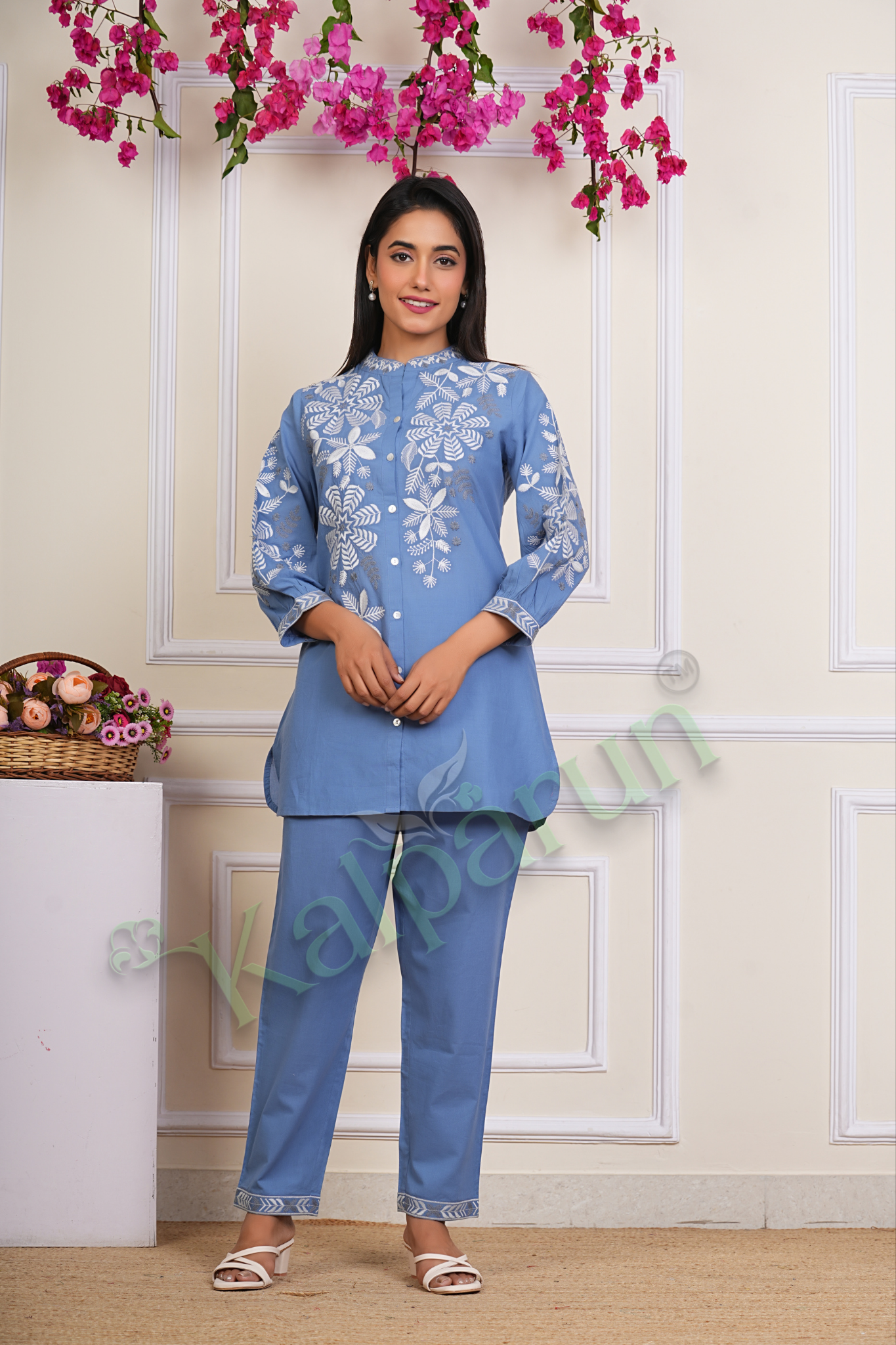 KALPARUN Women's Blue Cotton Kurta Set with White Floral Embroidery, Mandarin Collar, Button-Down, 3/4 Sleeves