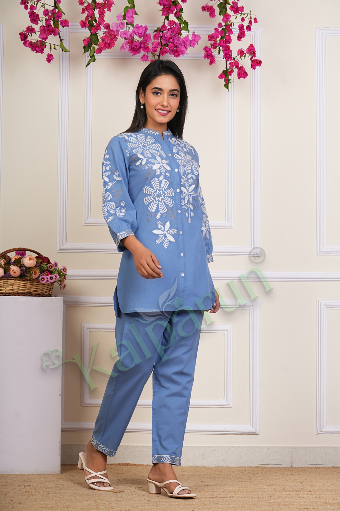 KALPARUN Women's Blue Cotton Kurta Set with White Floral Embroidery, Mandarin Collar, Button-Down, 3/4 Sleeves