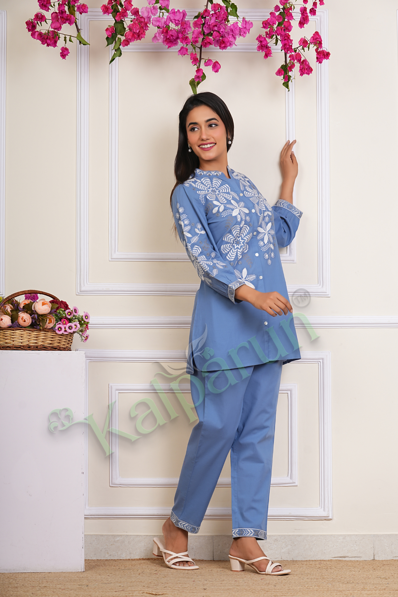 KALPARUN Women's Blue Cotton Kurta Set with White Floral Embroidery, Mandarin Collar, Button-Down, 3/4 Sleeves