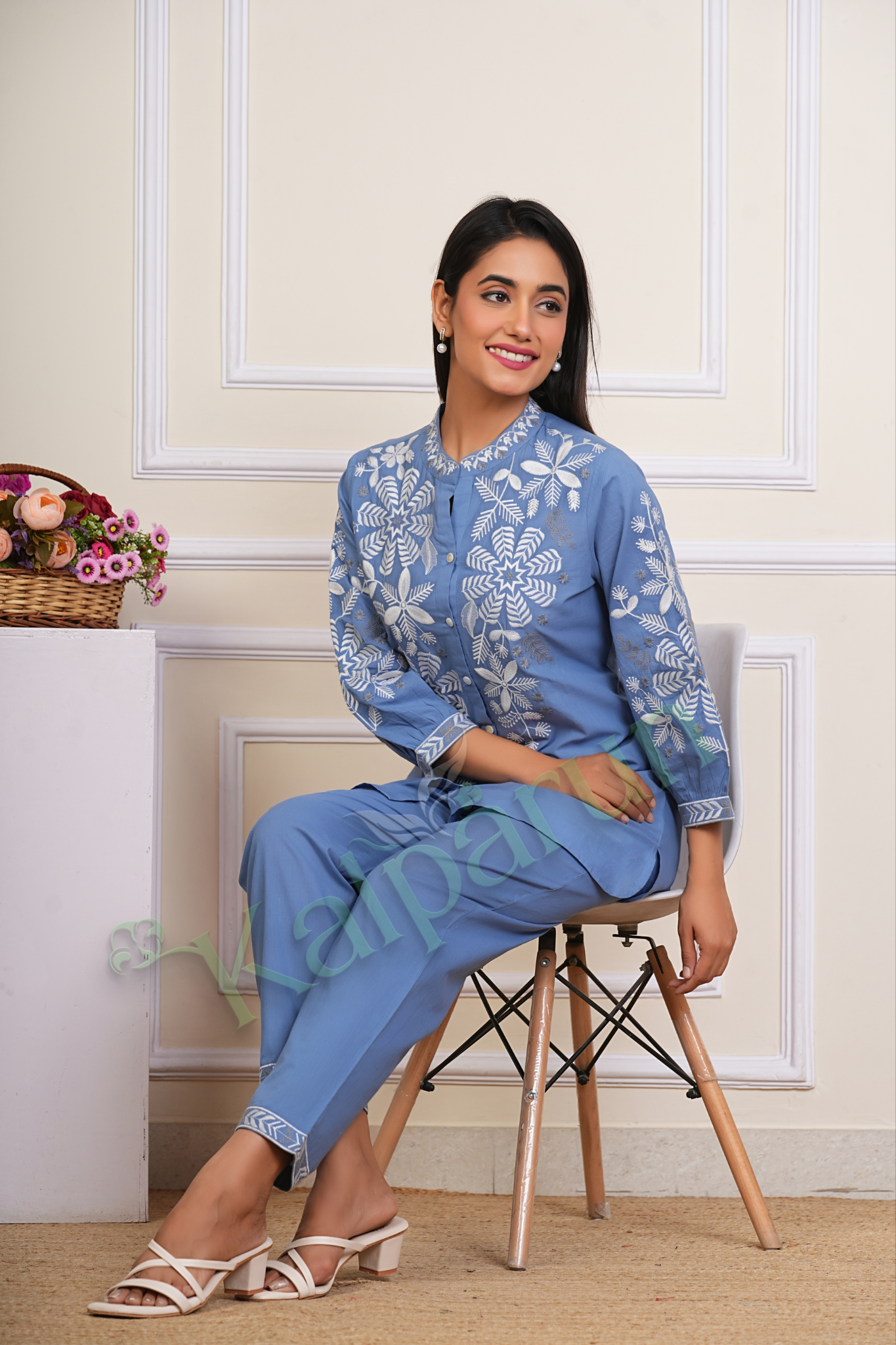 KALPARUN Women's Blue Cotton Kurta Set with White Floral Embroidery, Mandarin Collar, Button-Down, 3/4 Sleeves