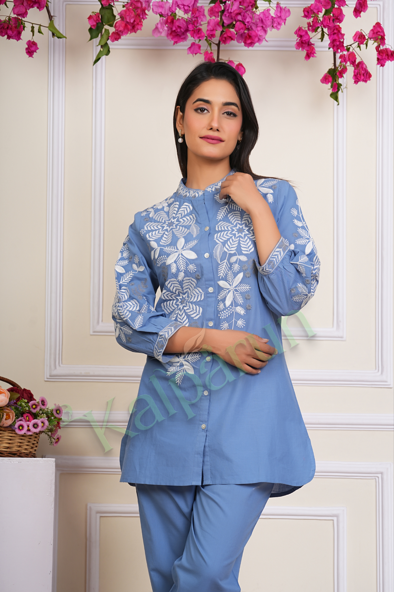 KALPARUN Women's Blue Cotton Kurta Set with White Floral Embroidery, Mandarin Collar, Button-Down, 3/4 Sleeves
