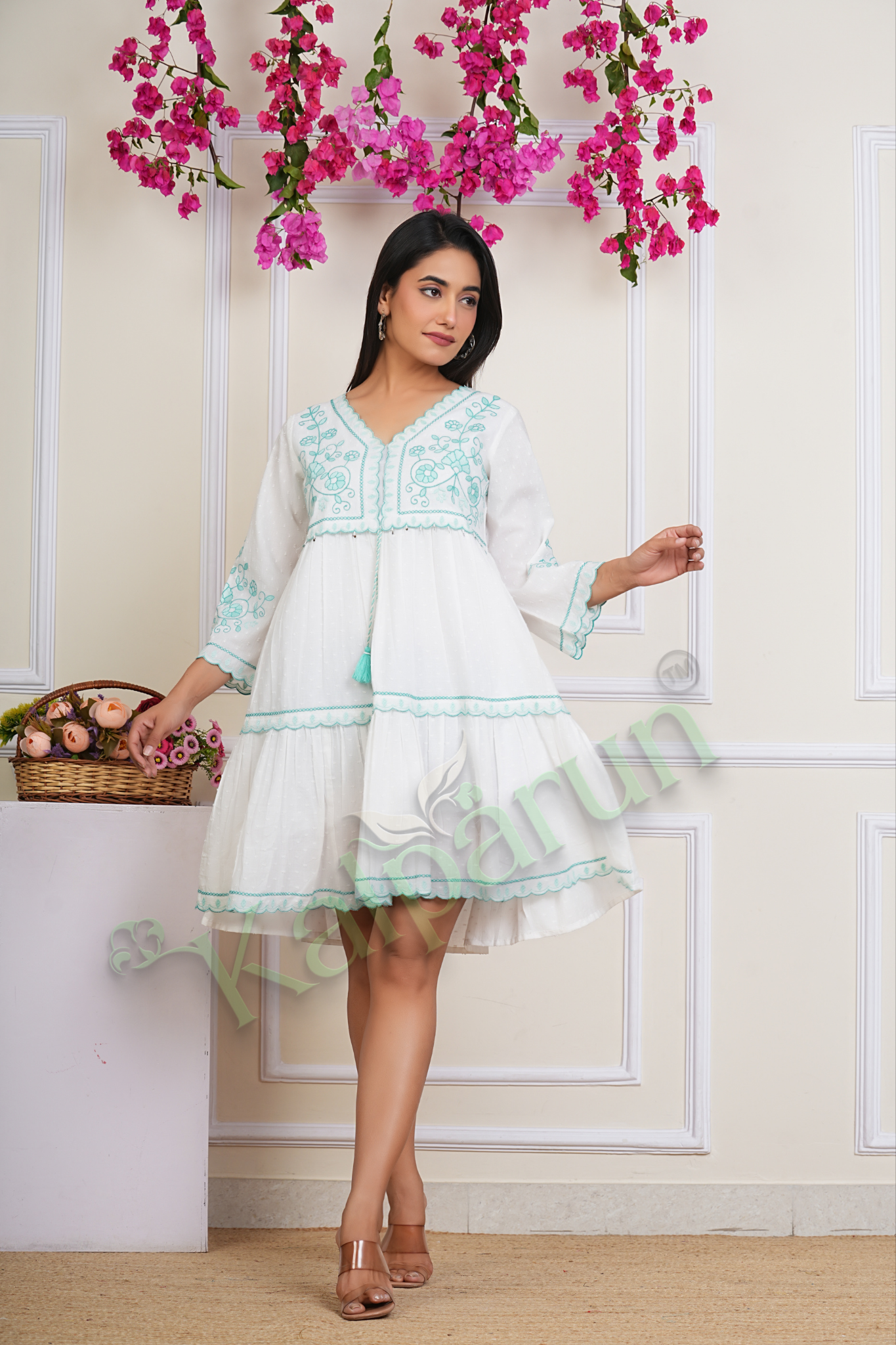 Kalparun White Cotton Midi Dress with Turquoise Embroidery, V-Neck, 3/4 Balloon Sleeves