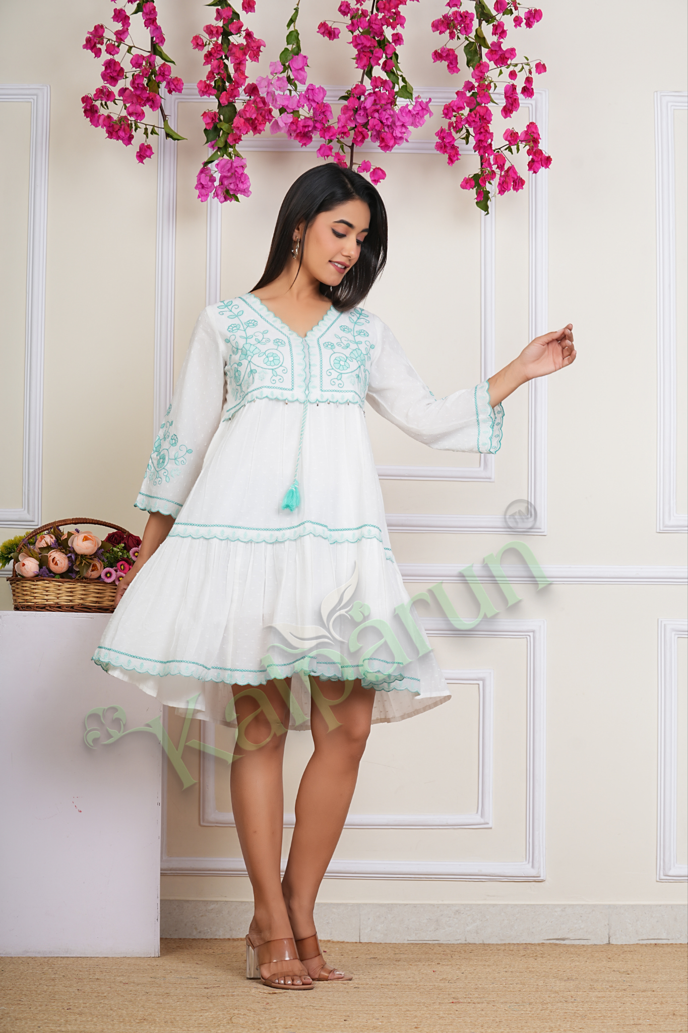 Kalparun White Cotton Midi Dress with Turquoise Embroidery, V-Neck, 3/4 Balloon Sleeves