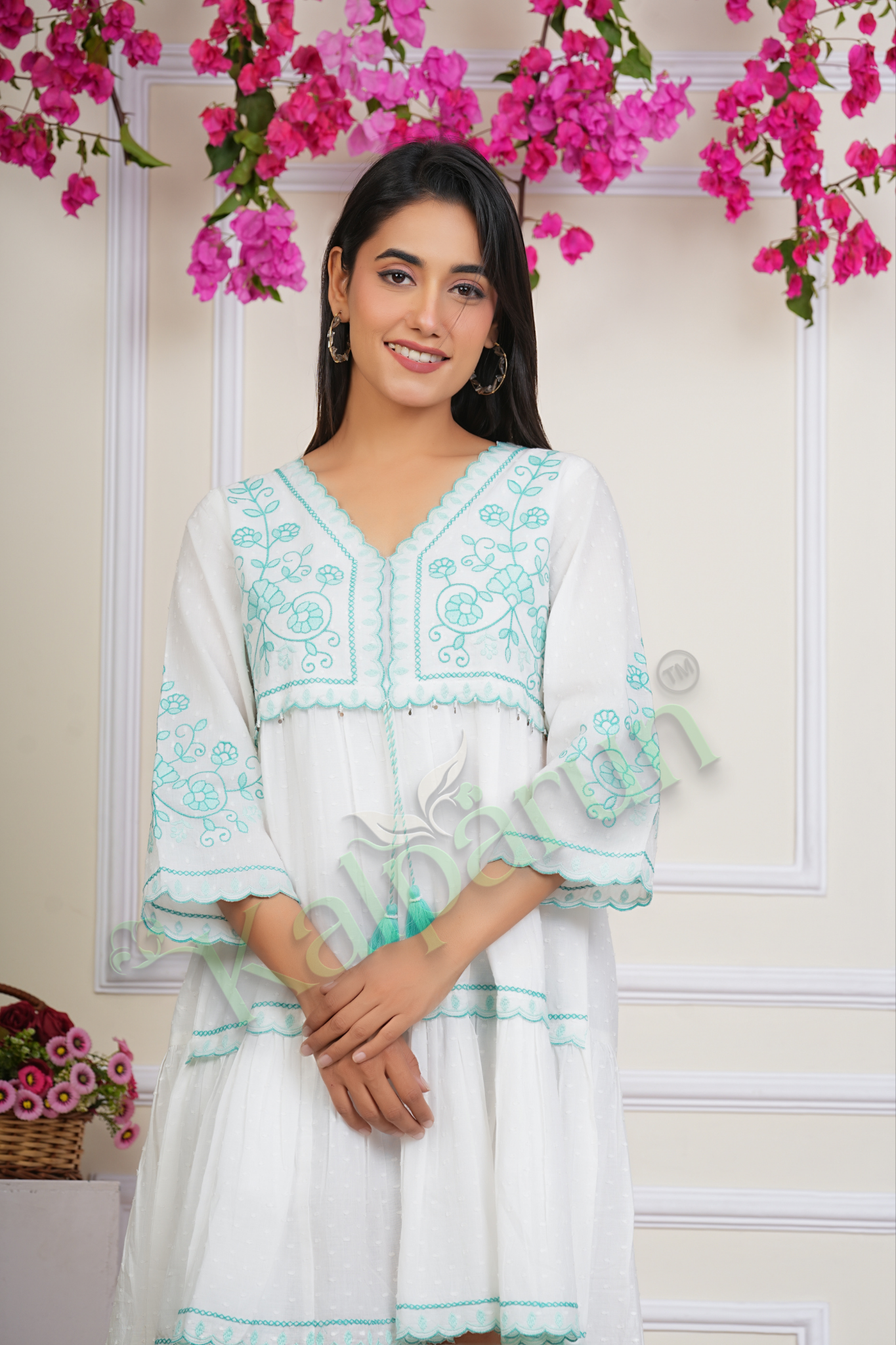 Kalparun White Cotton Midi Dress with Turquoise Embroidery, V-Neck, 3/4 Balloon Sleeves