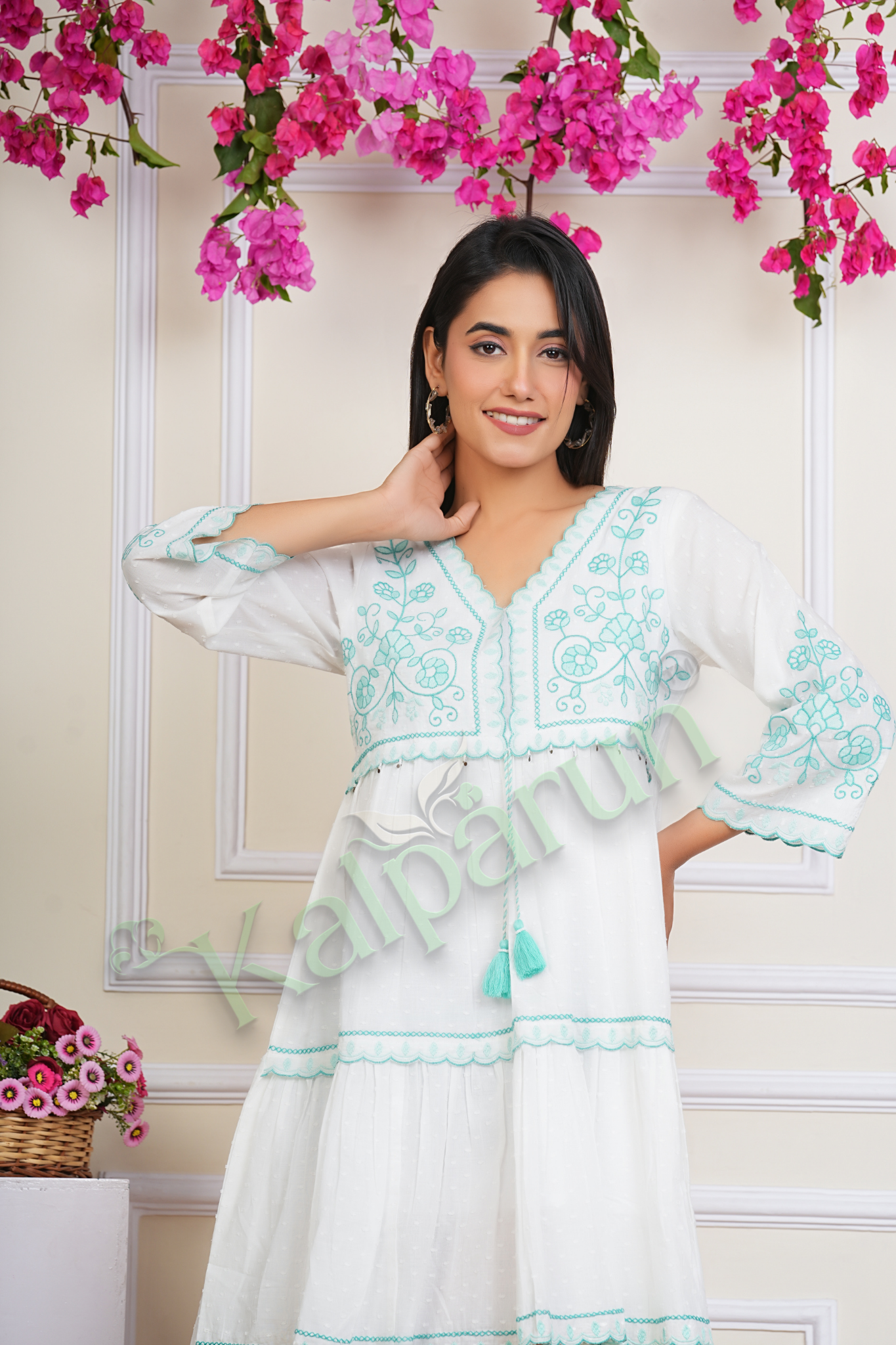 Kalparun White Cotton Midi Dress with Turquoise Embroidery, V-Neck, 3/4 Balloon Sleeves