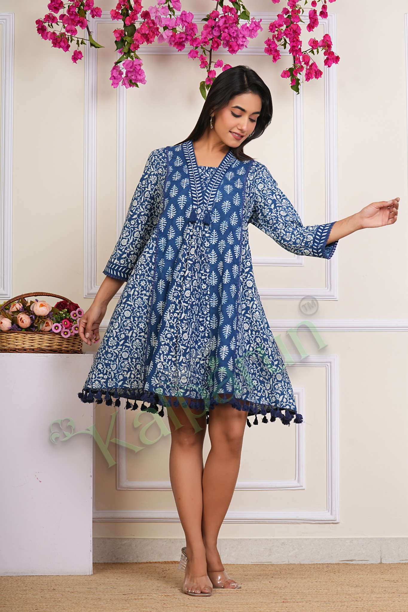 Kalparun Women's Blue Floral Print Dress, V-Neck, 3/4 Sleeves, Tassel Hem