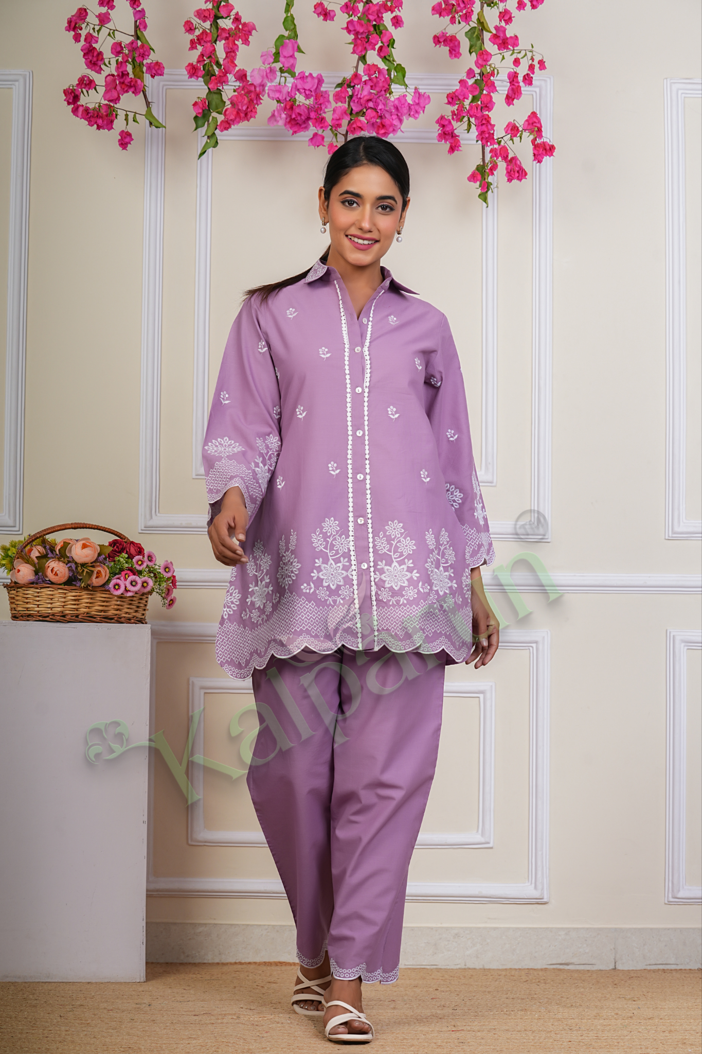 Kalparun Lilac Cotton CORD Set, Embroidered Button-Down Shirt with Scalloped Hem, Matching Trousers