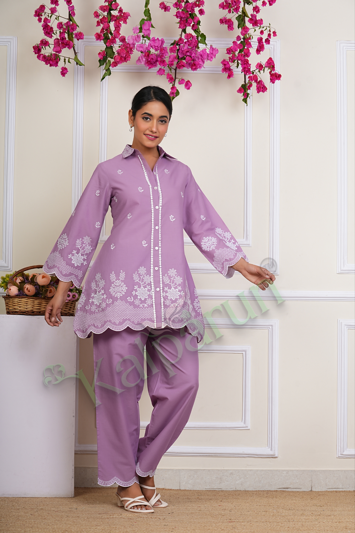Kalparun Lilac Cotton CORD Set, Embroidered Button-Down Shirt with Scalloped Hem, Matching Trousers