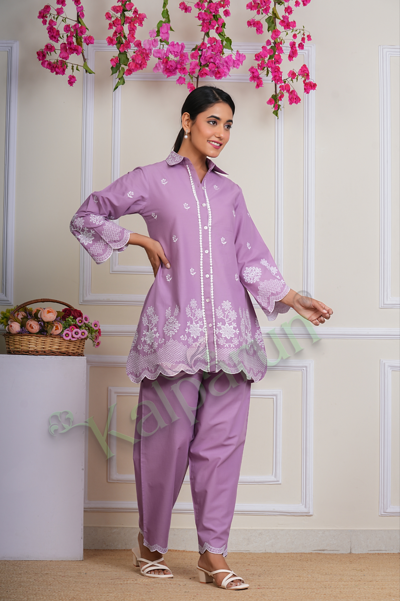 Kalparun Lilac Cotton CORD Set, Embroidered Button-Down Shirt with Scalloped Hem, Matching Trousers