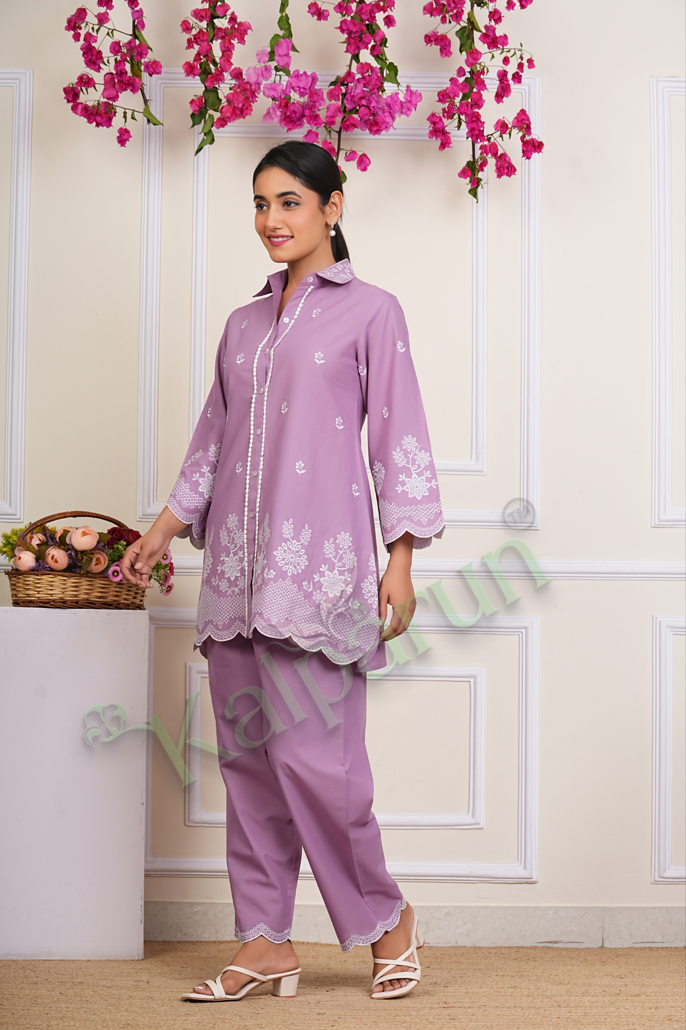 Kalparun Lilac Cotton CORD Set, Embroidered Button-Down Shirt with Scalloped Hem, Matching Trousers