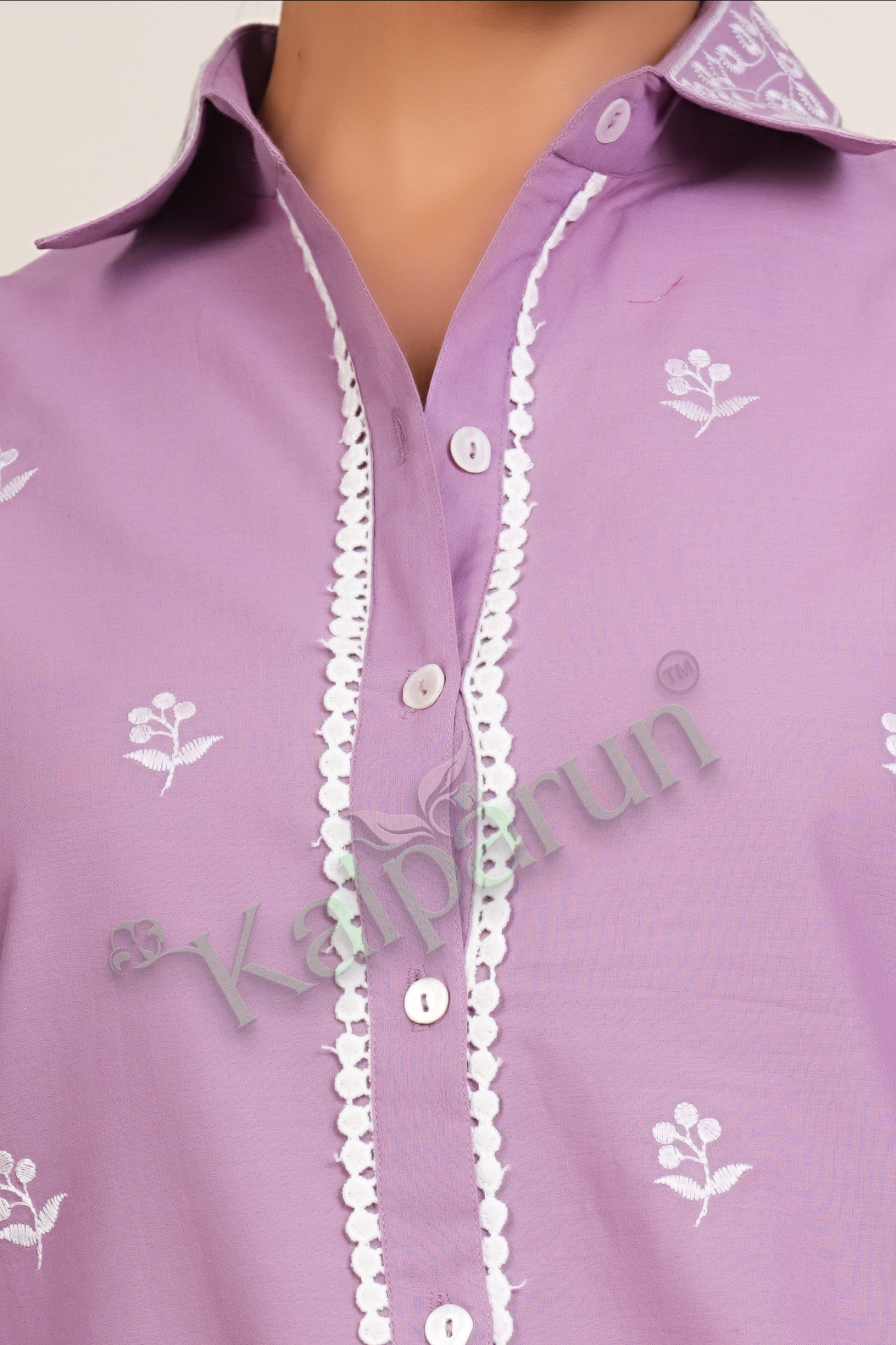 Kalparun Lilac Cotton CORD Set, Embroidered Button-Down Shirt with Scalloped Hem, Matching Trousers