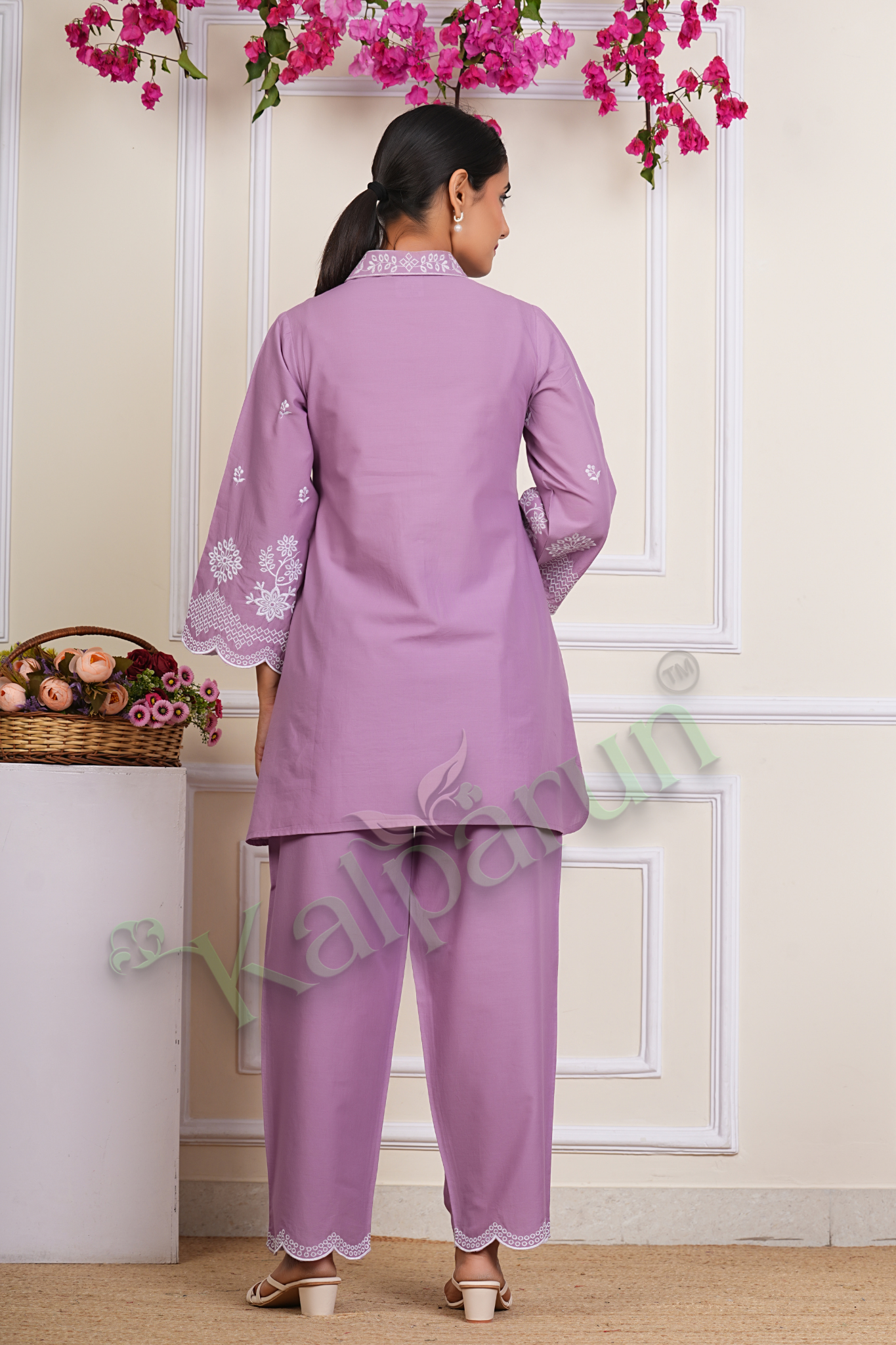 Kalparun Lilac Cotton CORD Set, Embroidered Button-Down Shirt with Scalloped Hem, Matching Trousers