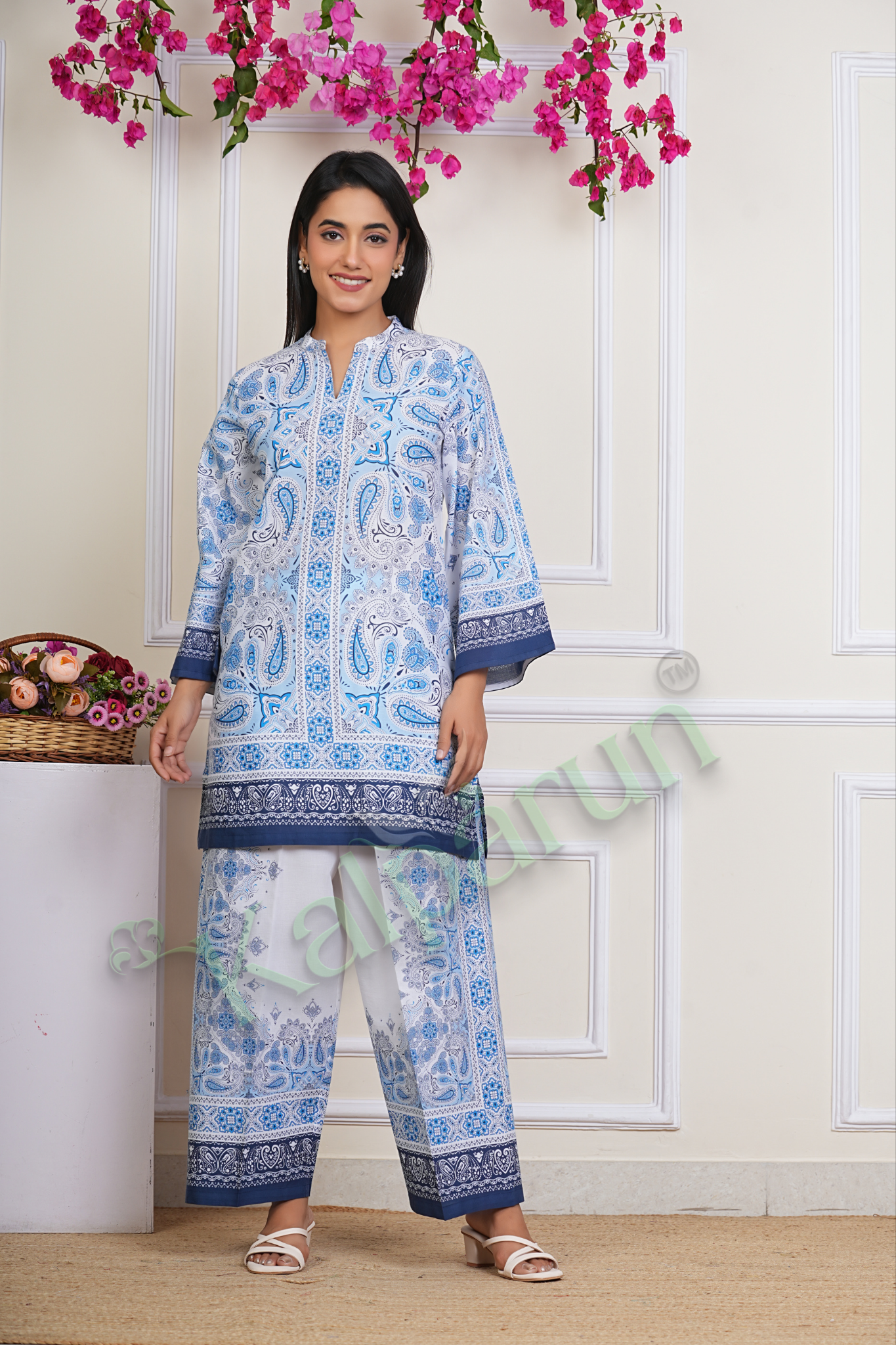 Kalparun Lilac Cotton CORD Set, Embroidered Button-Down Shirt with Scalloped Hem, Matching Trousers