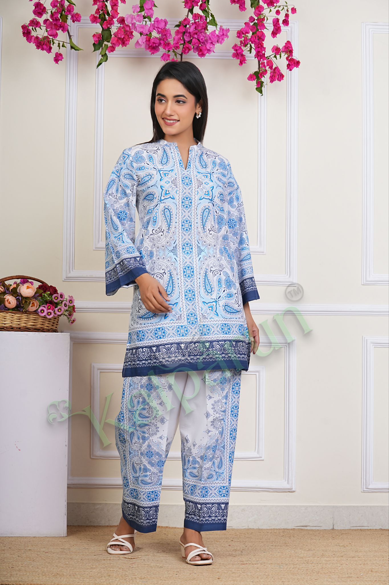 KALPARUN Women's Paisley Print Cotton CORD Set, Blue and White, V-Neck with 3/4 Sleeves