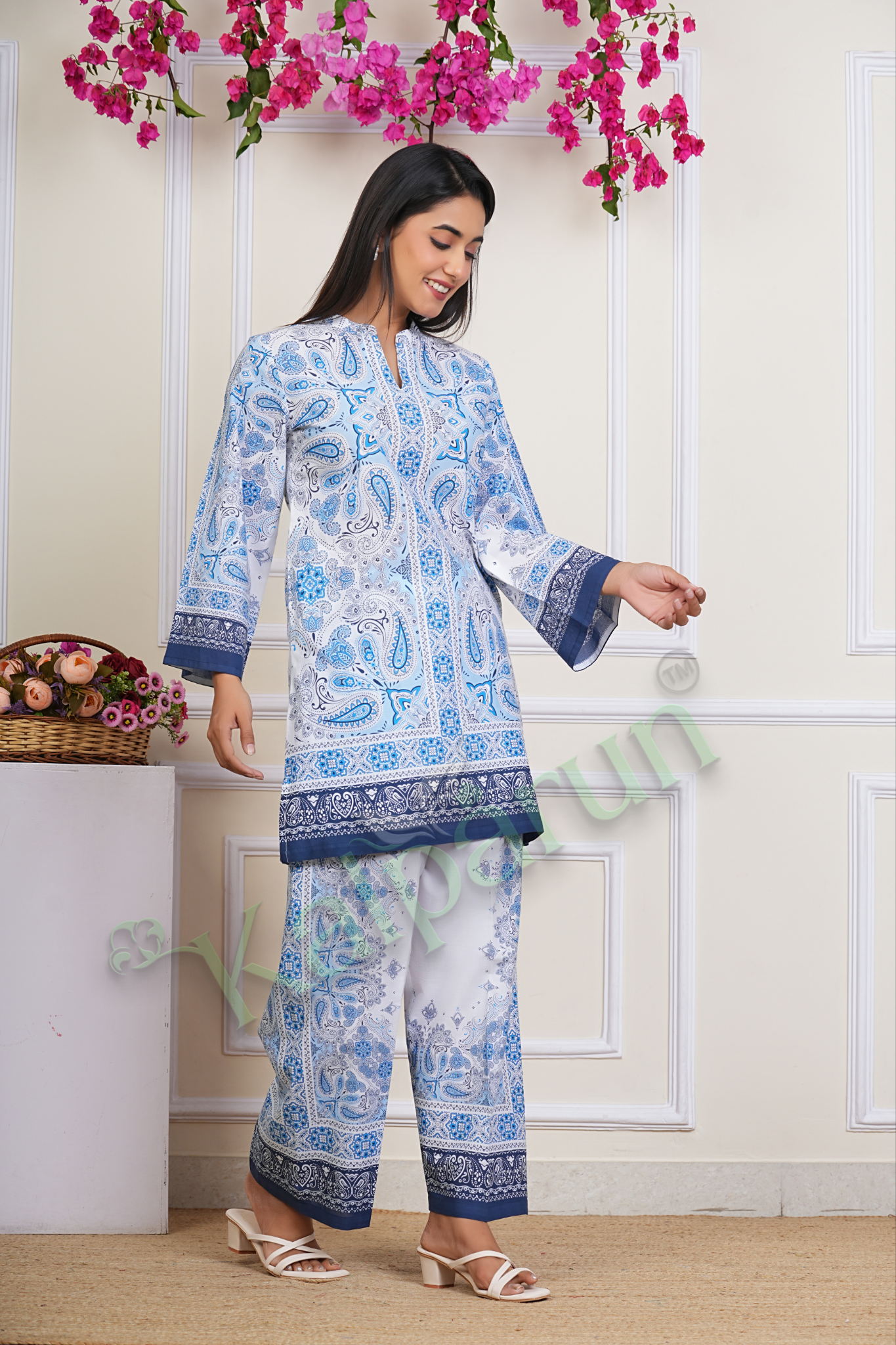 KALPARUN Women's Paisley Print Cotton CORD Set, Blue and White, V-Neck with 3/4 Sleeves