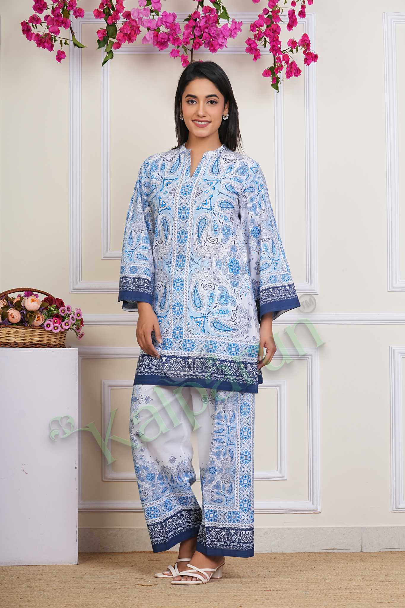 KALPARUN Women's Paisley Print Cotton CORD Set, Blue and White, V-Neck with 3/4 Sleeves