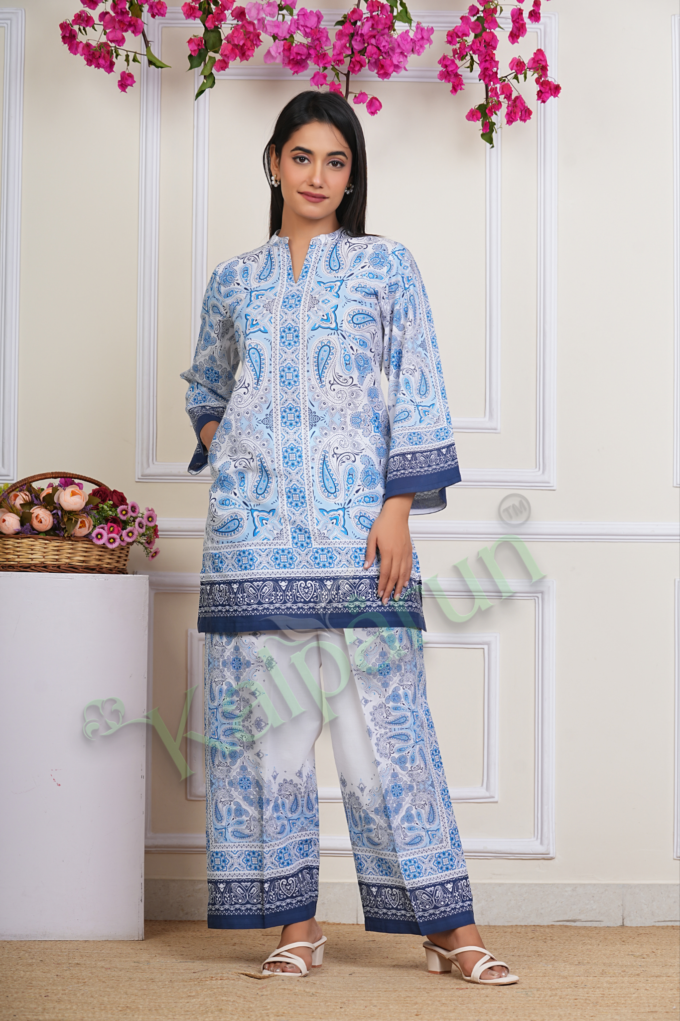 KALPARUN Women's Paisley Print Cotton CORD Set, Blue and White, V-Neck with 3/4 Sleeves