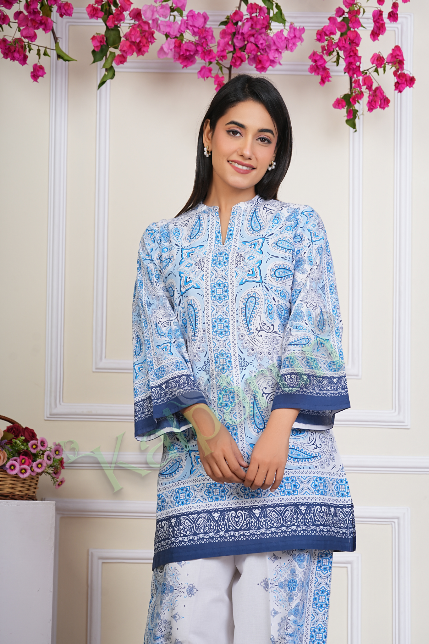 KALPARUN Women's Paisley Print Cotton CORD Set, Blue and White, V-Neck with 3/4 Sleeves
