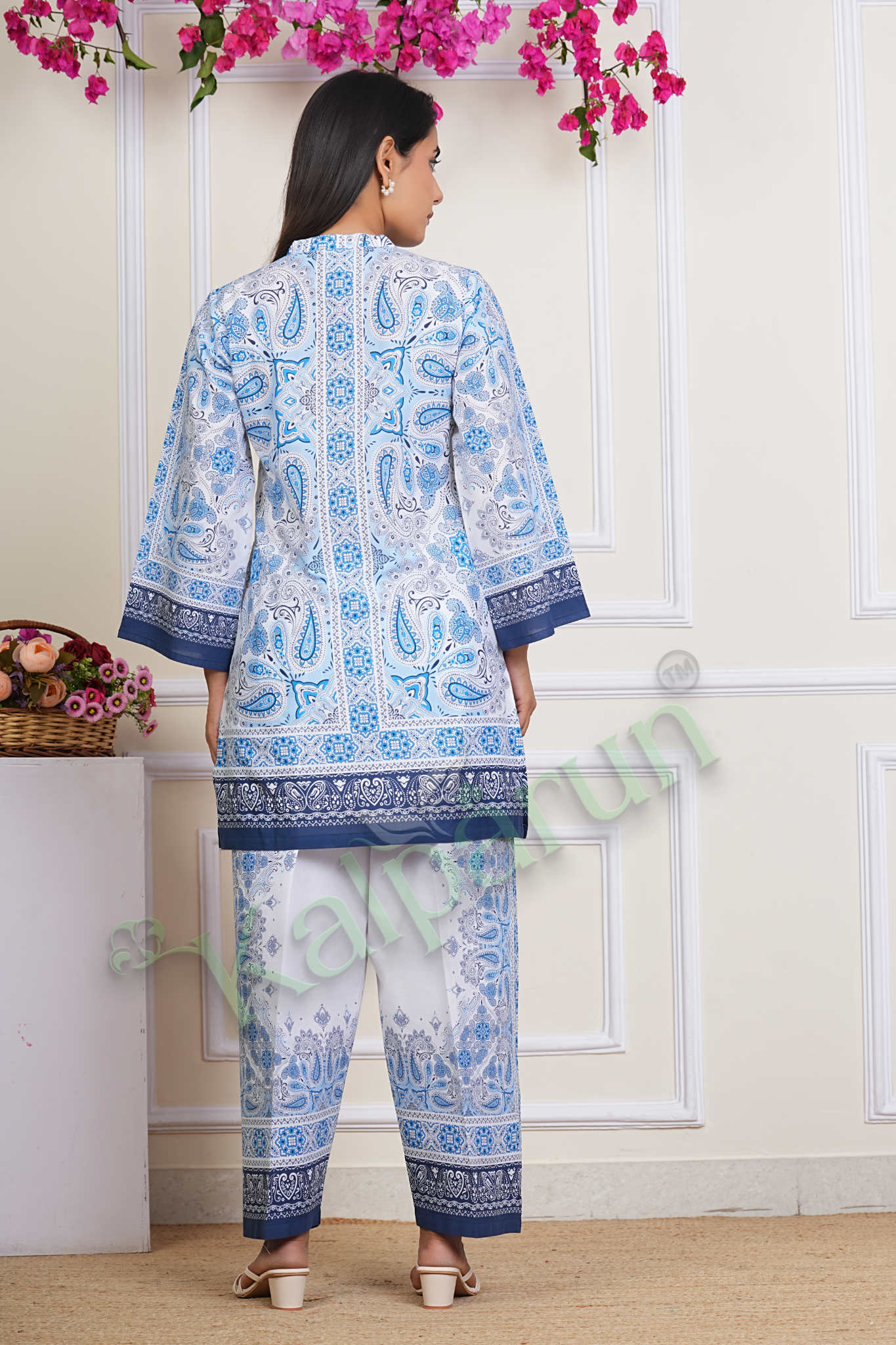 KALPARUN Women's Paisley Print Cotton CORD Set, Blue and White, V-Neck with 3/4 Sleeves