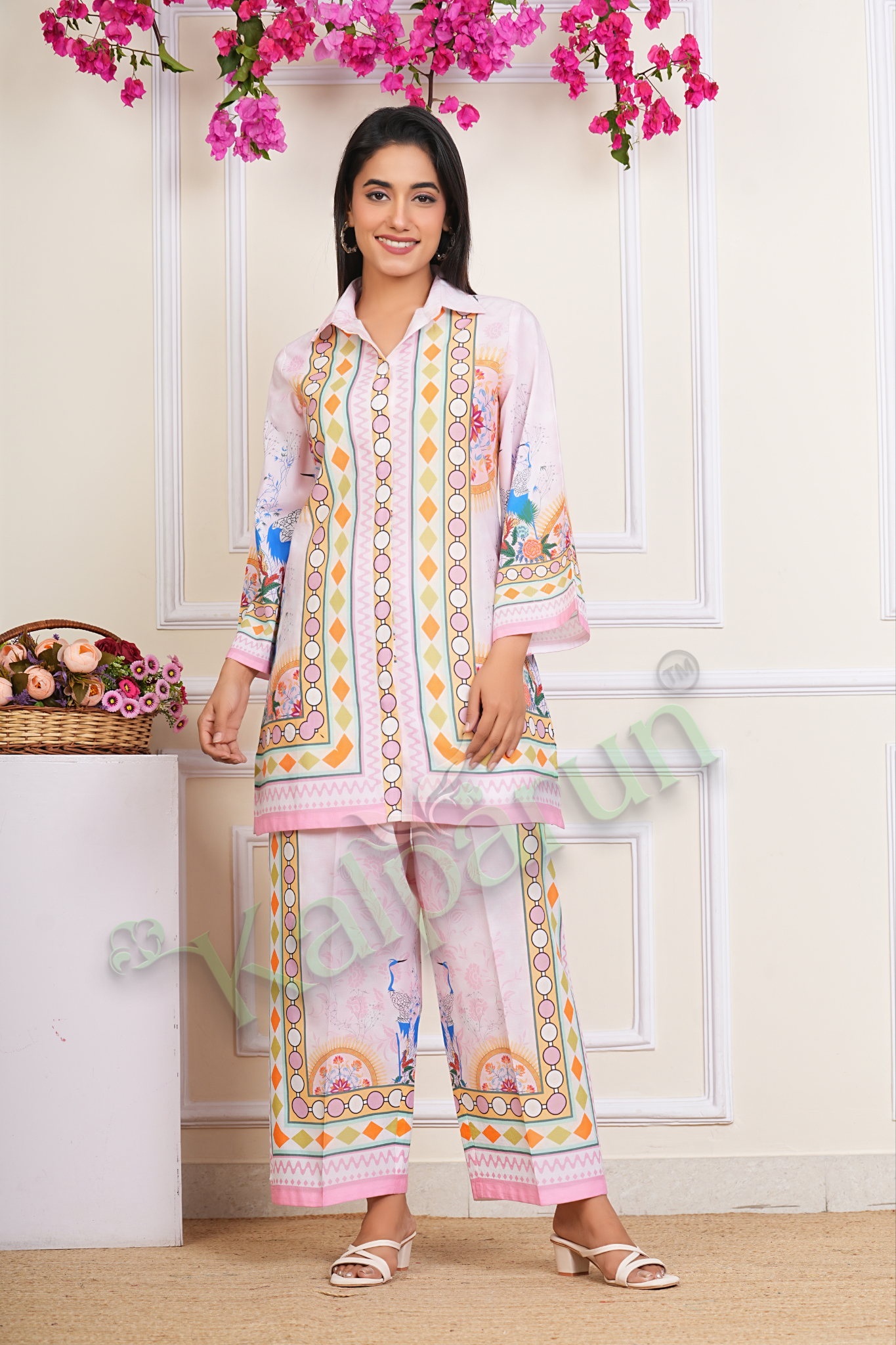 KALPARUN Women's Printed Cotton CORD Set, Pink Geometric Pattern, 3/4 Sleeve Collared