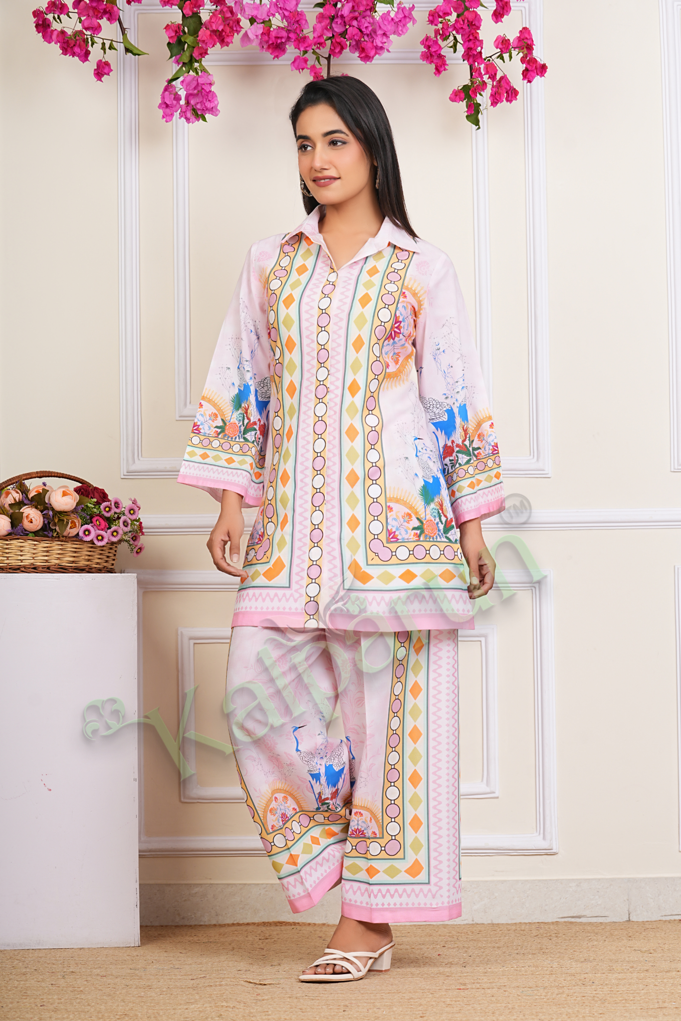 KALPARUN Women's Printed Cotton CORD Set, Pink Geometric Pattern, 3/4 Sleeve Collared