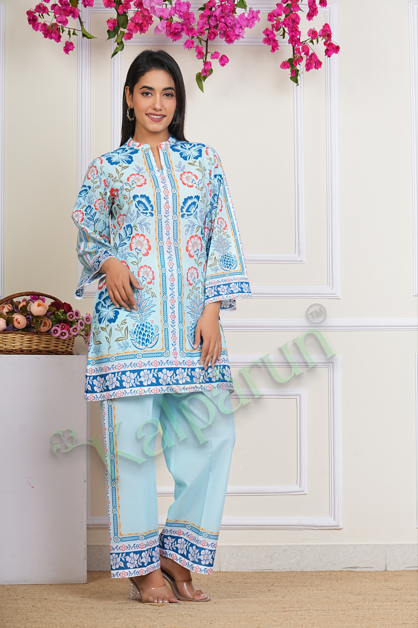 KALPARUN Women's Floral Print Cotton CORD Set, Light Blue with Coral and Navy Design, 3/4 Sleeve