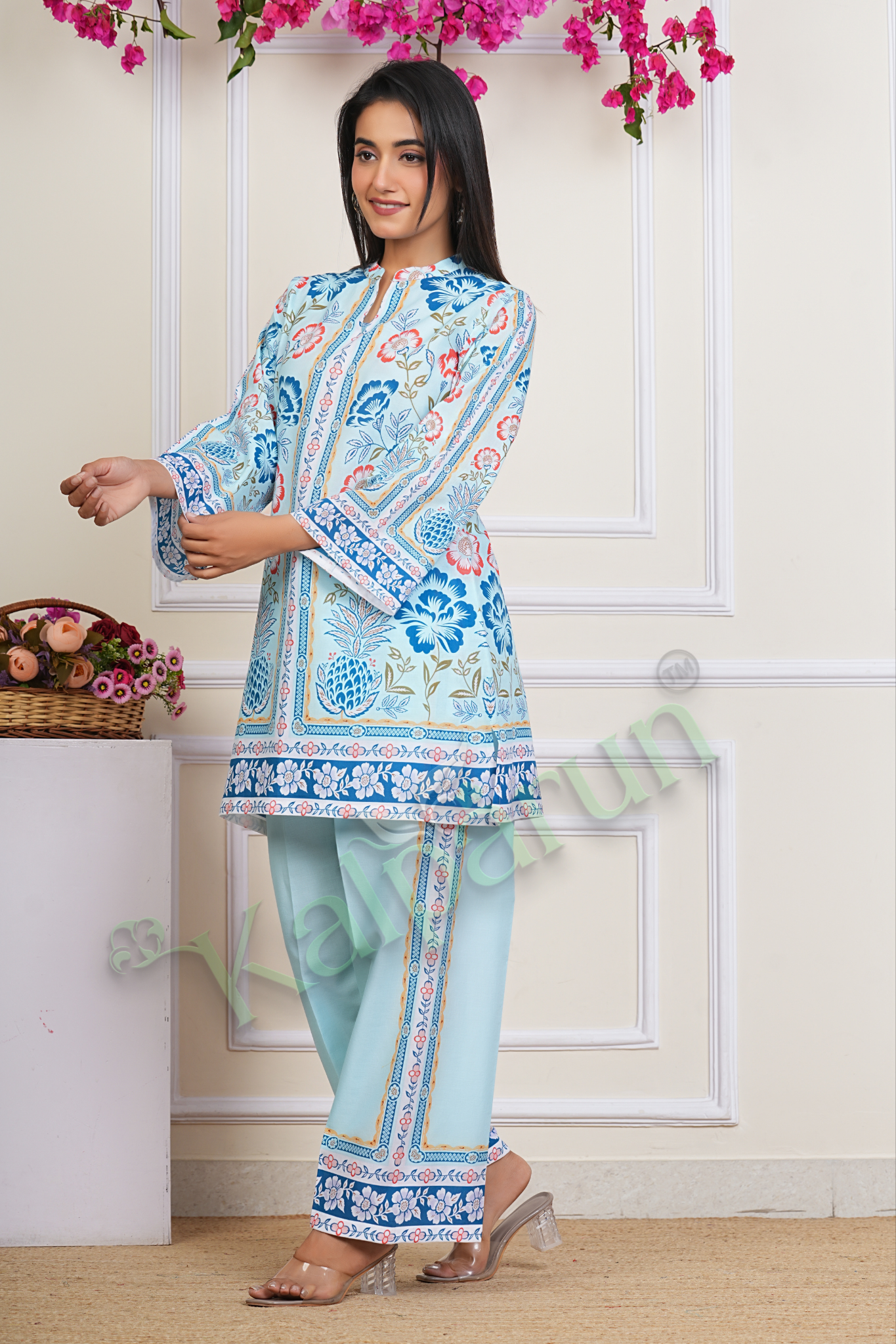 KALPARUN Women's Floral Print Cotton CORD Set, Light Blue with Coral and Navy Design, 3/4 Sleeve