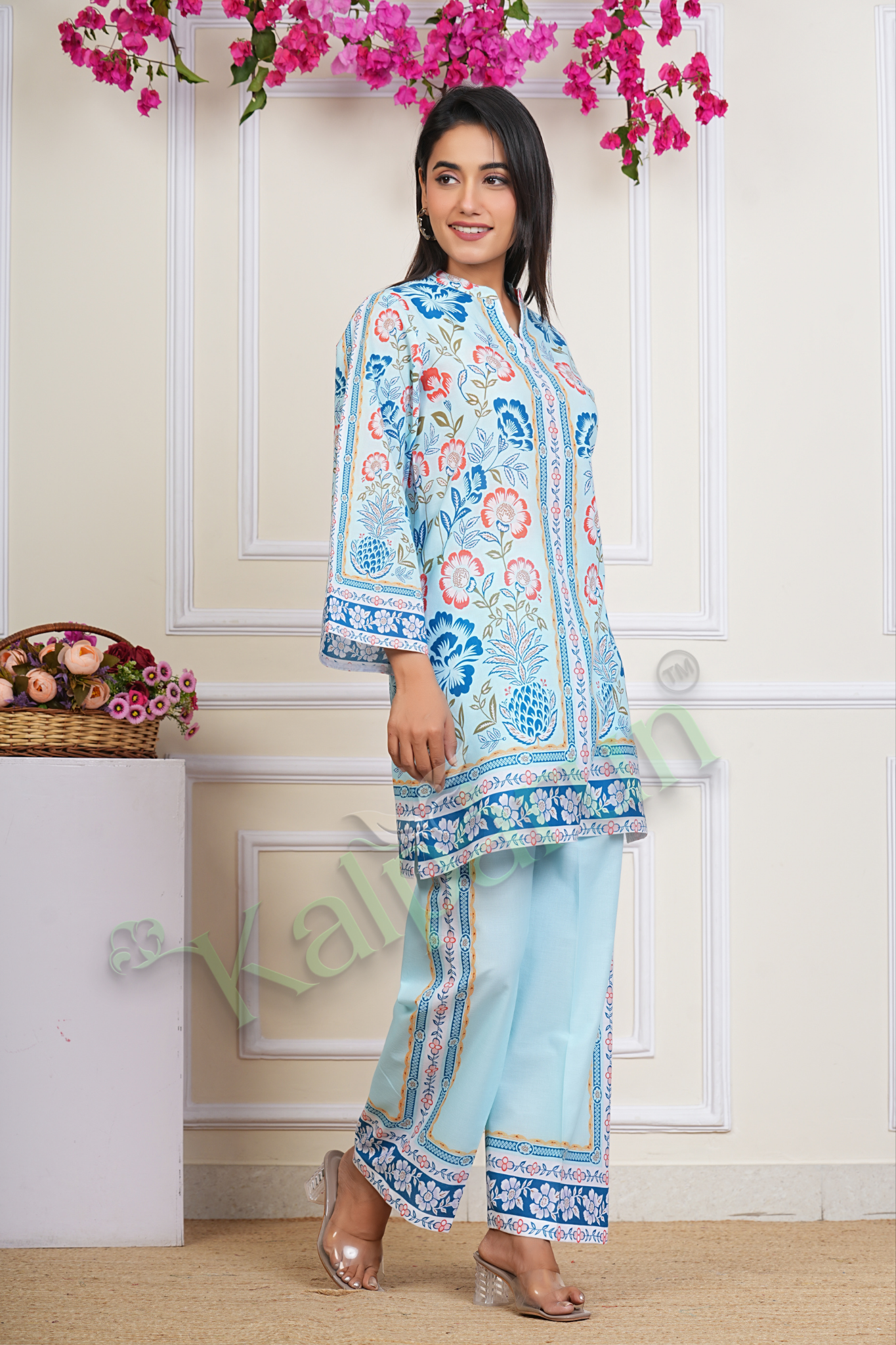 KALPARUN Women's Floral Print Cotton CORD Set, Light Blue with Coral and Navy Design, 3/4 Sleeve