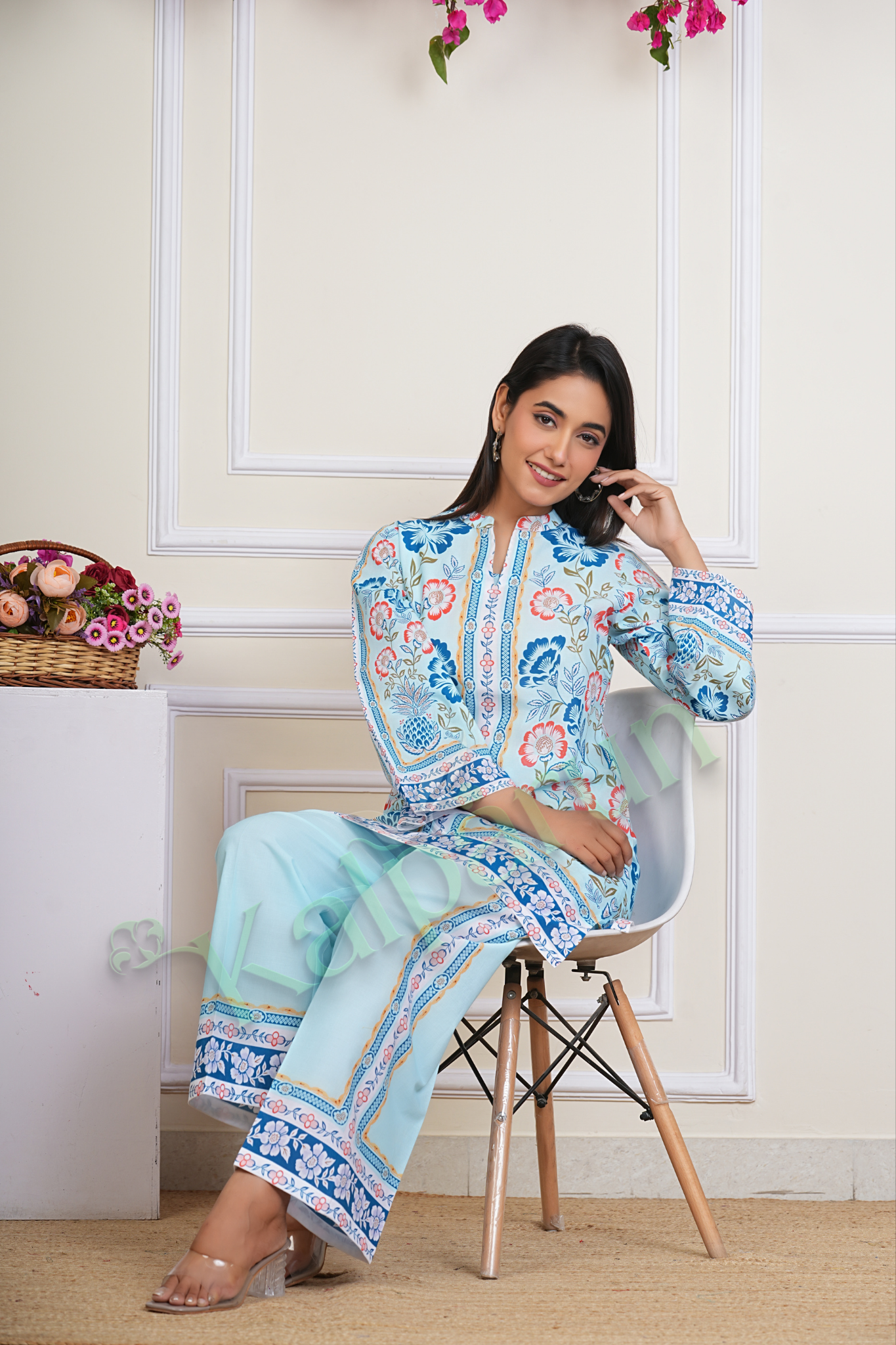 KALPARUN Women's Floral Print Cotton CORD Set, Light Blue with Coral and Navy Design, 3/4 Sleeve