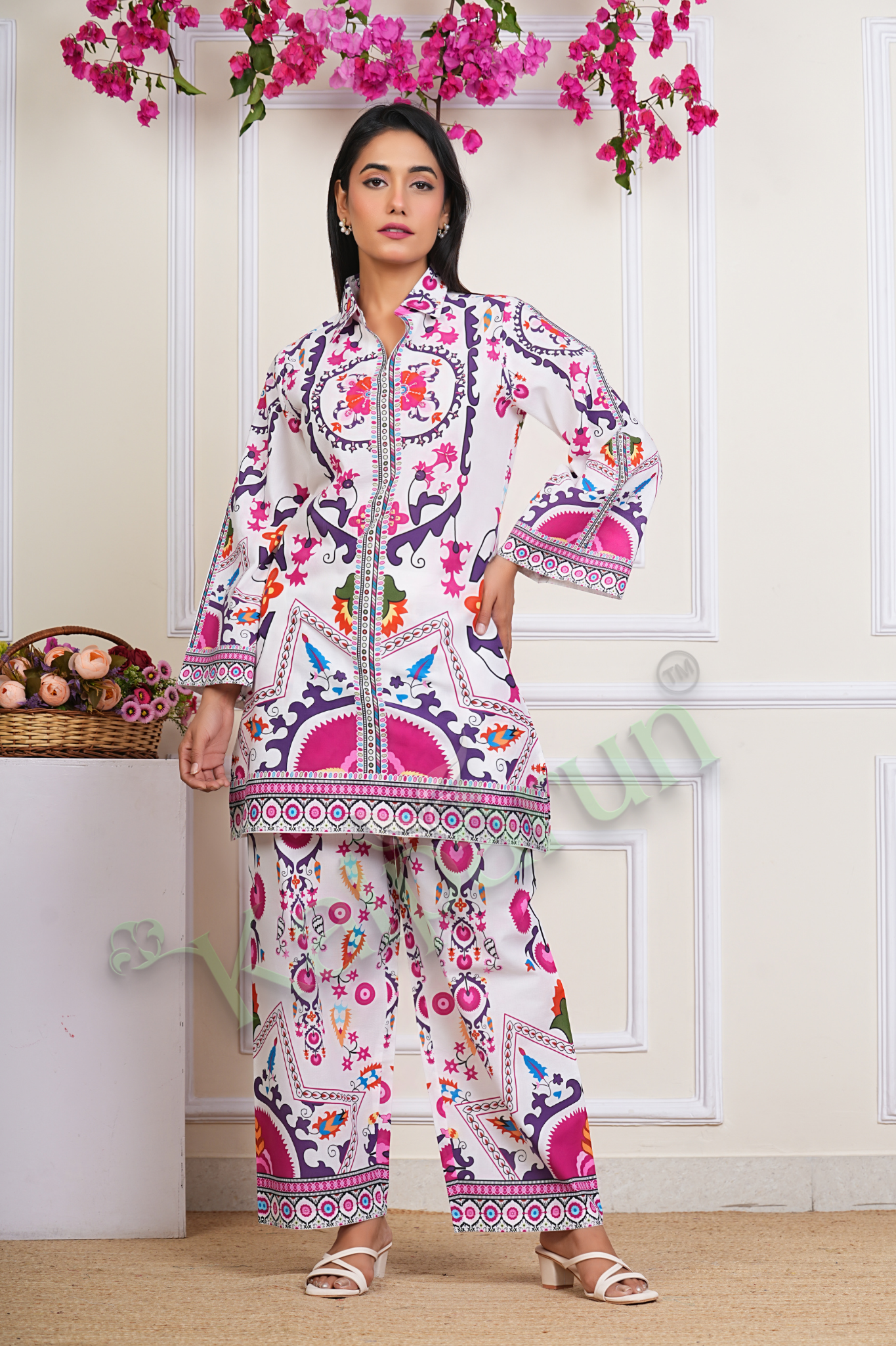 KALPARUN Women's Floral Printed Cord Set, White Base with Pink and Purple Design, Zip-Front Tunic with Palazzo