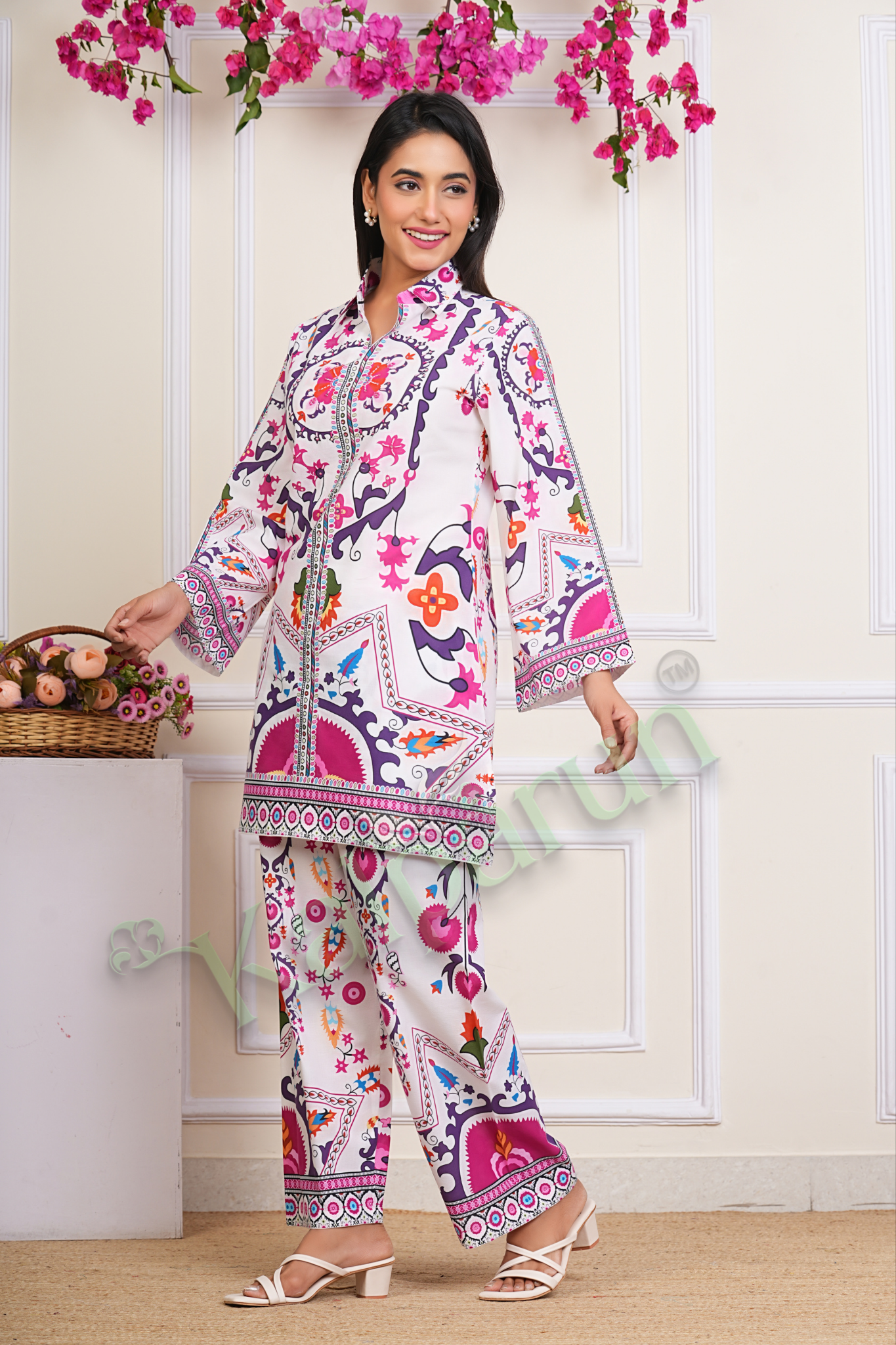KALPARUN Women's Floral Printed Cord Set, White Base with Pink and Purple Design, Zip-Front Tunic with Palazzo