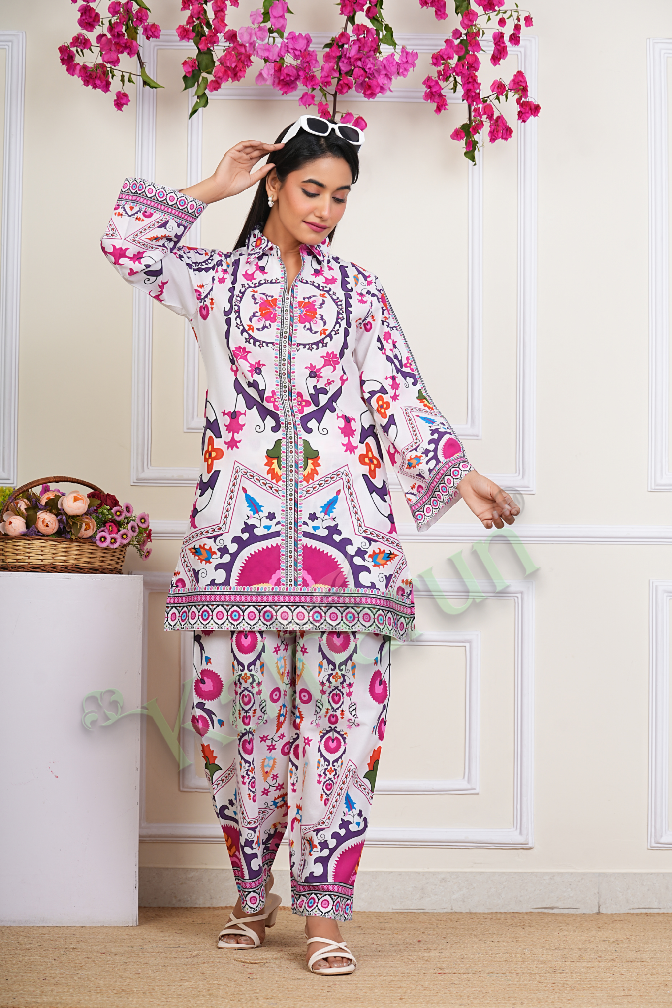 KALPARUN Women's Floral Printed Cord Set, White Base with Pink and Purple Design, Zip-Front Tunic with Palazzo