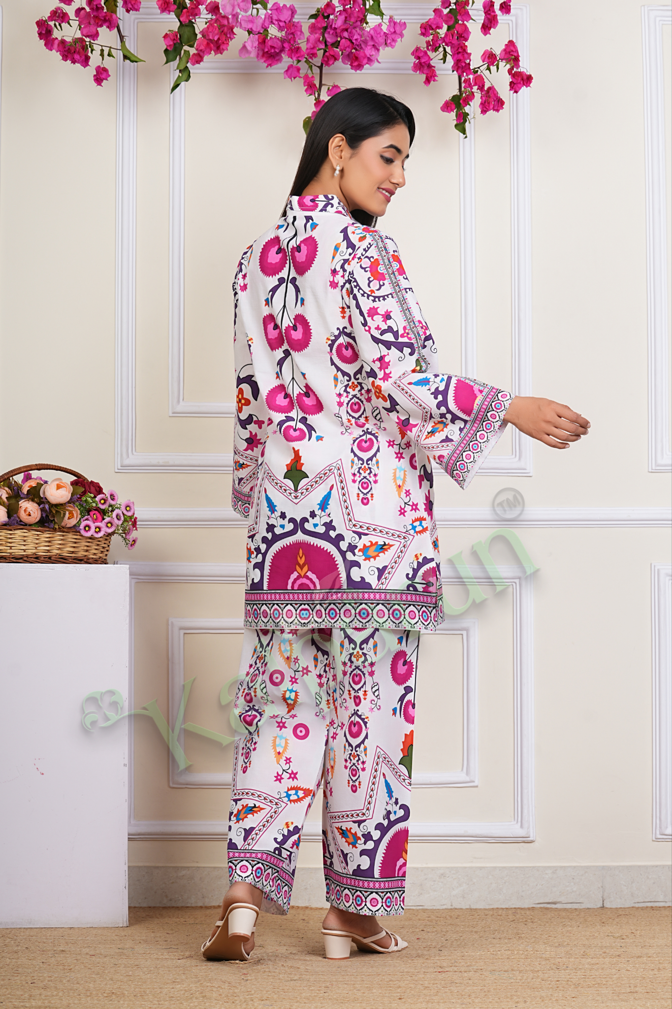 KALPARUN Women's Floral Printed Cord Set, White Base with Pink and Purple Design, Zip-Front Tunic with Palazzo