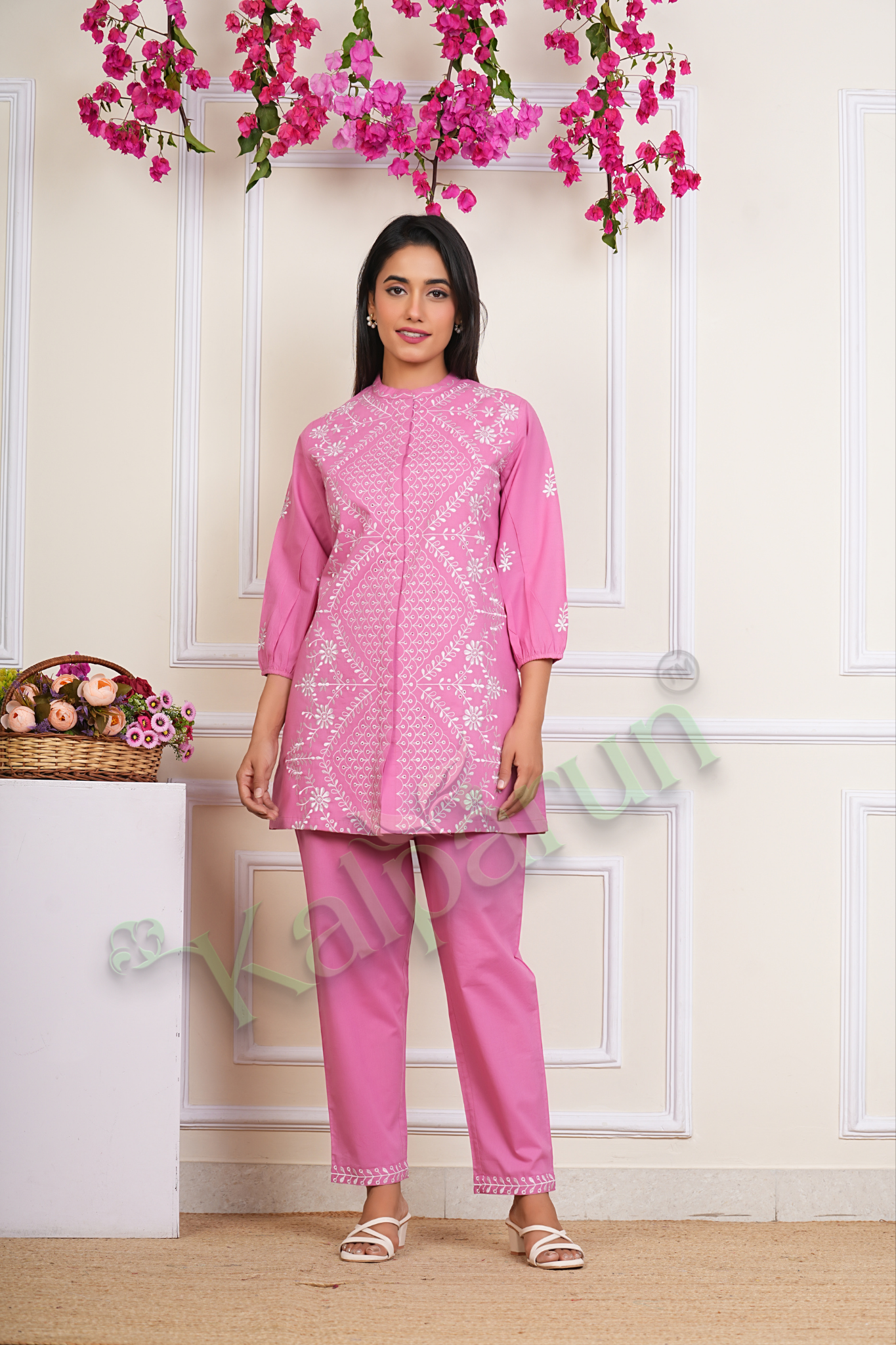 KALPARUN Pink Cotton CORD Set with White Embroidery, 3/4 Sleeve Tunic with Palazzo Pants
