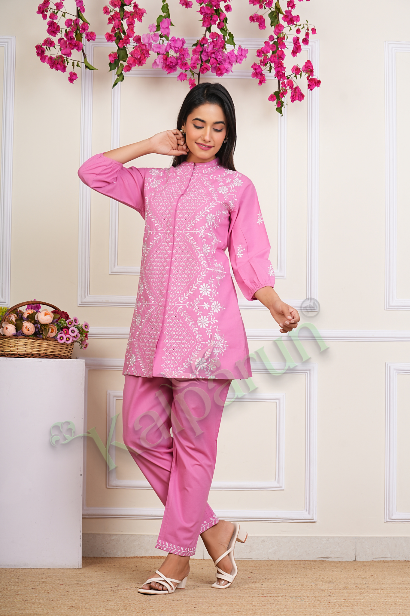 KALPARUN Pink Cotton CORD Set with White Embroidery, 3/4 Sleeve Tunic with Palazzo Pants