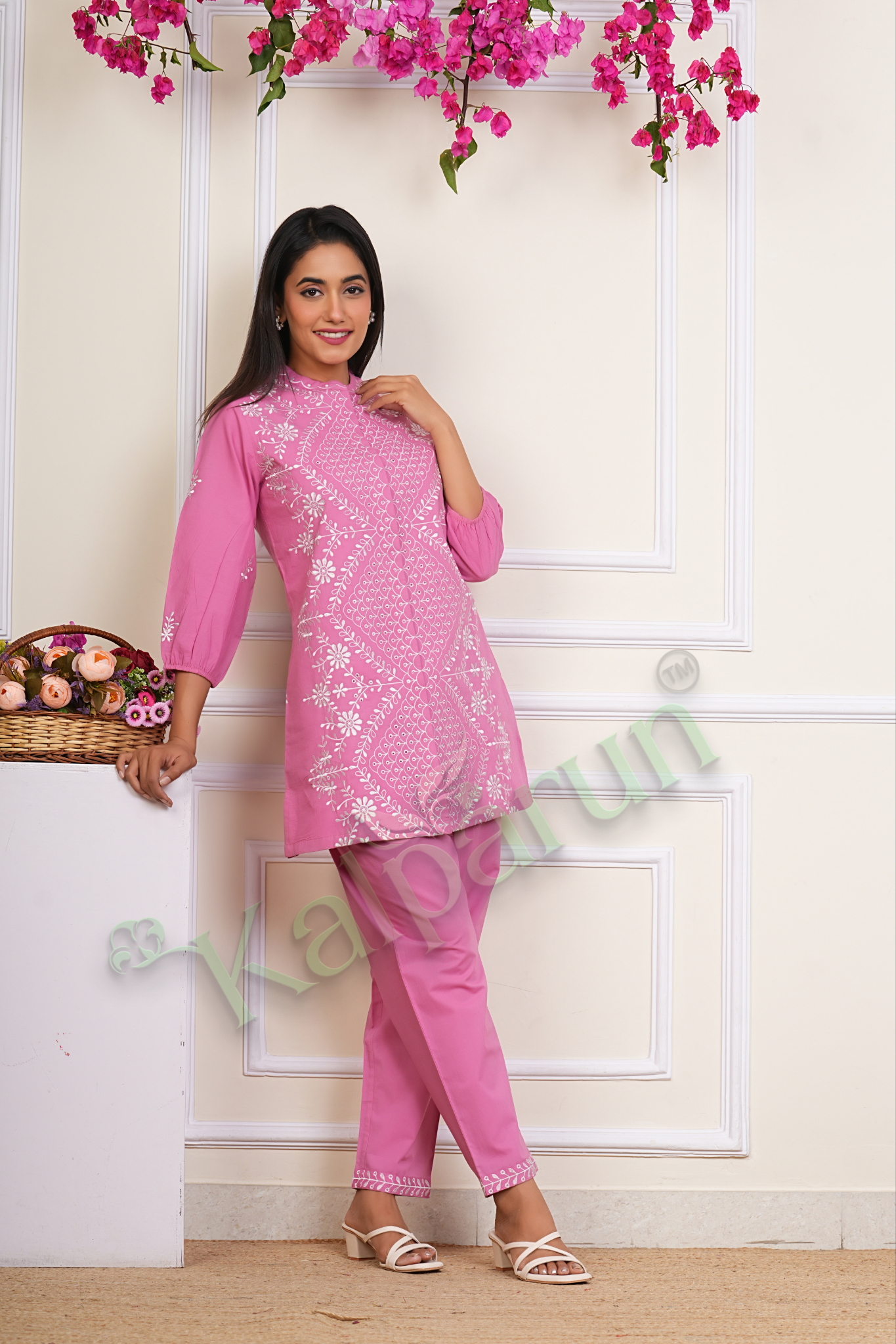 KALPARUN Pink Cotton CORD Set with White Embroidery, 3/4 Sleeve Tunic with Palazzo Pants