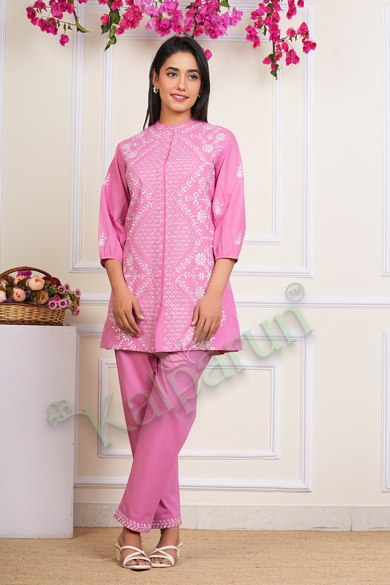 KALPARUN Pink Cotton CORD Set with White Embroidery, 3/4 Sleeve Tunic with Palazzo Pants