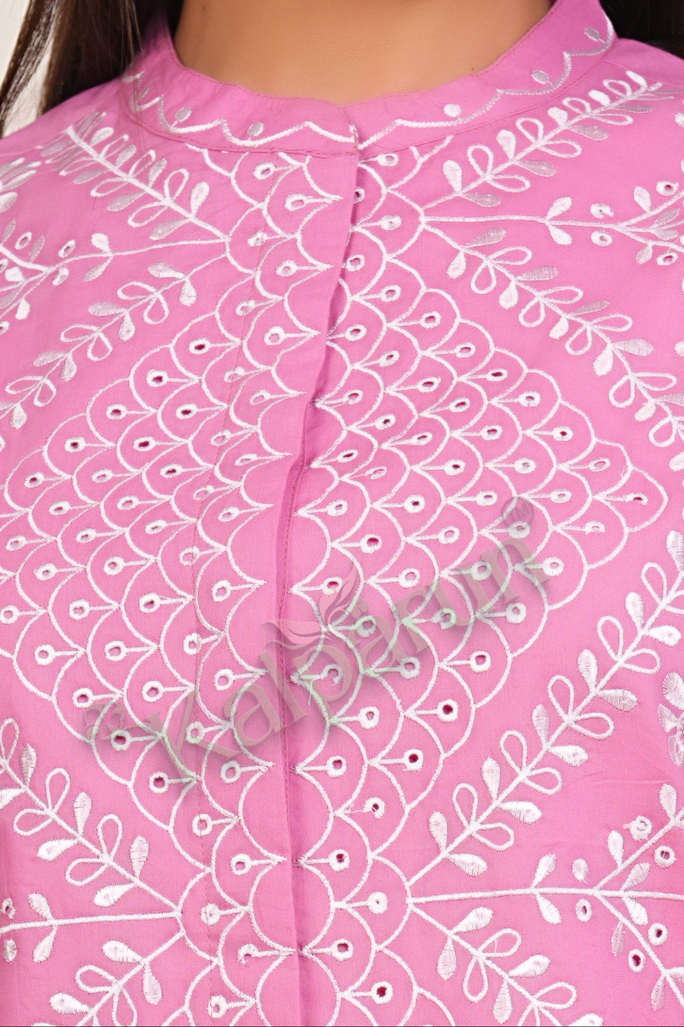 KALPARUN Pink Cotton CORD Set with White Embroidery, 3/4 Sleeve Tunic with Palazzo Pants