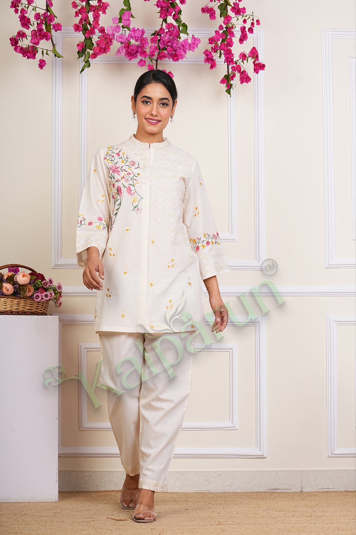 KALPARUN White Cotton Cord Set, Floral Embroidered, Bell Sleeves, Mandarin Collar