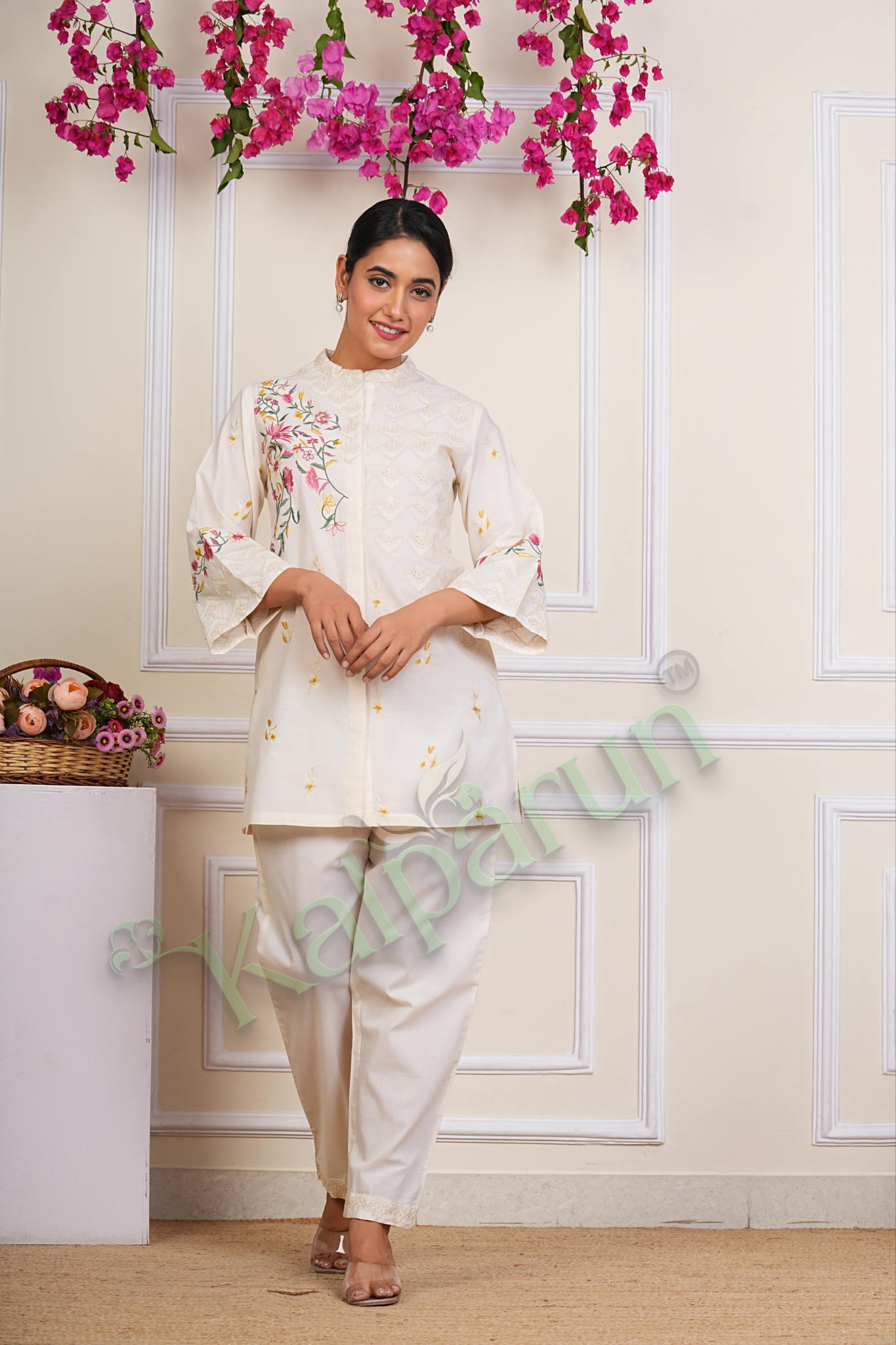 KALPARUN White Cotton Cord Set, Floral Embroidered, Bell Sleeves, Mandarin Collar