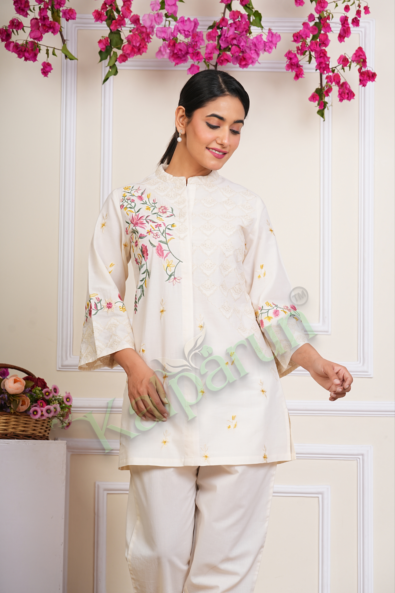 KALPARUN White Cotton Cord Set, Floral Embroidered, Bell Sleeves, Mandarin Collar