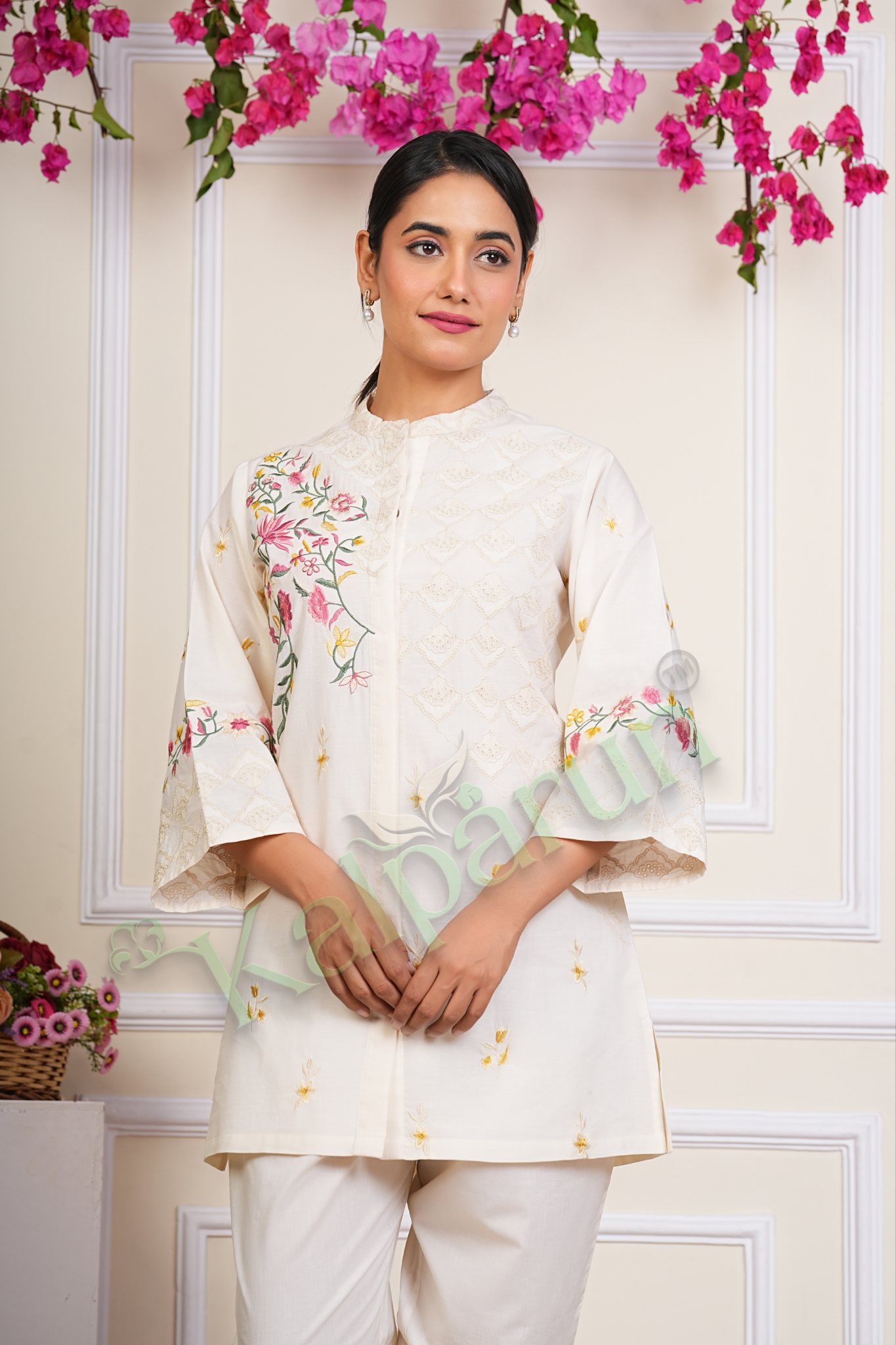 KALPARUN White Cotton Cord Set, Floral Embroidered, Bell Sleeves, Mandarin Collar