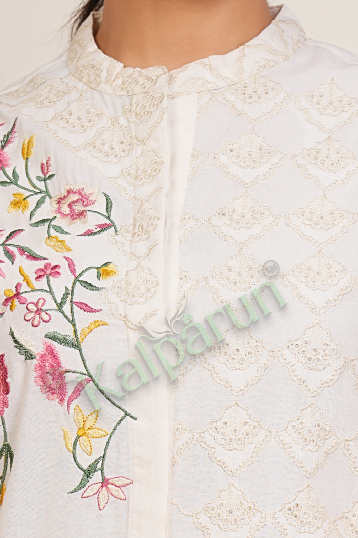 KALPARUN White Cotton Cord Set, Floral Embroidered, Bell Sleeves, Mandarin Collar
