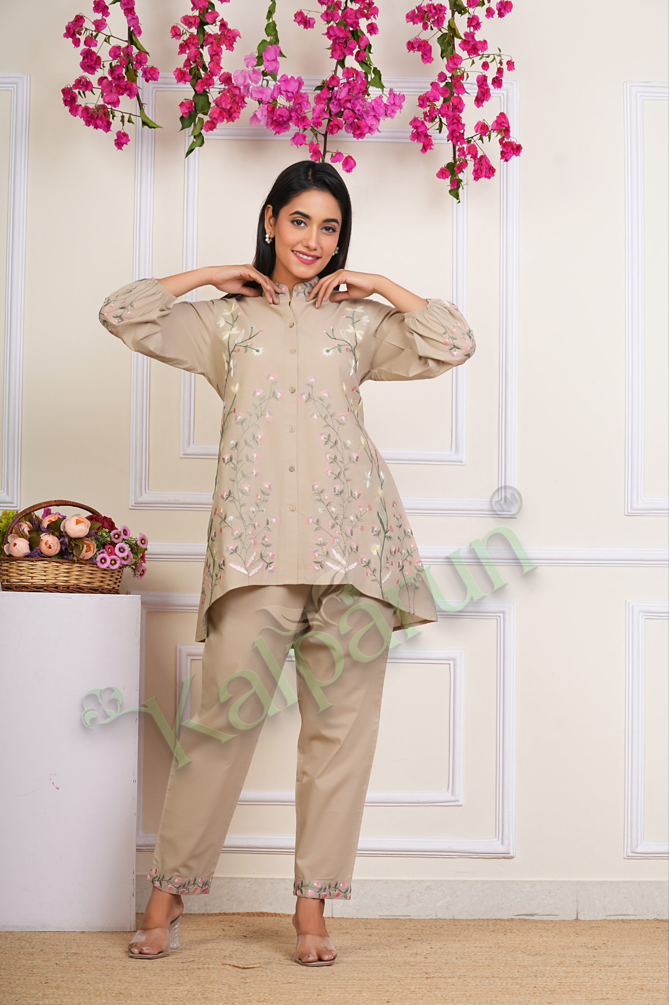 Floral Embroidered CORD SET, Beige Cotton, Mandarin Collar, Full Sleeves