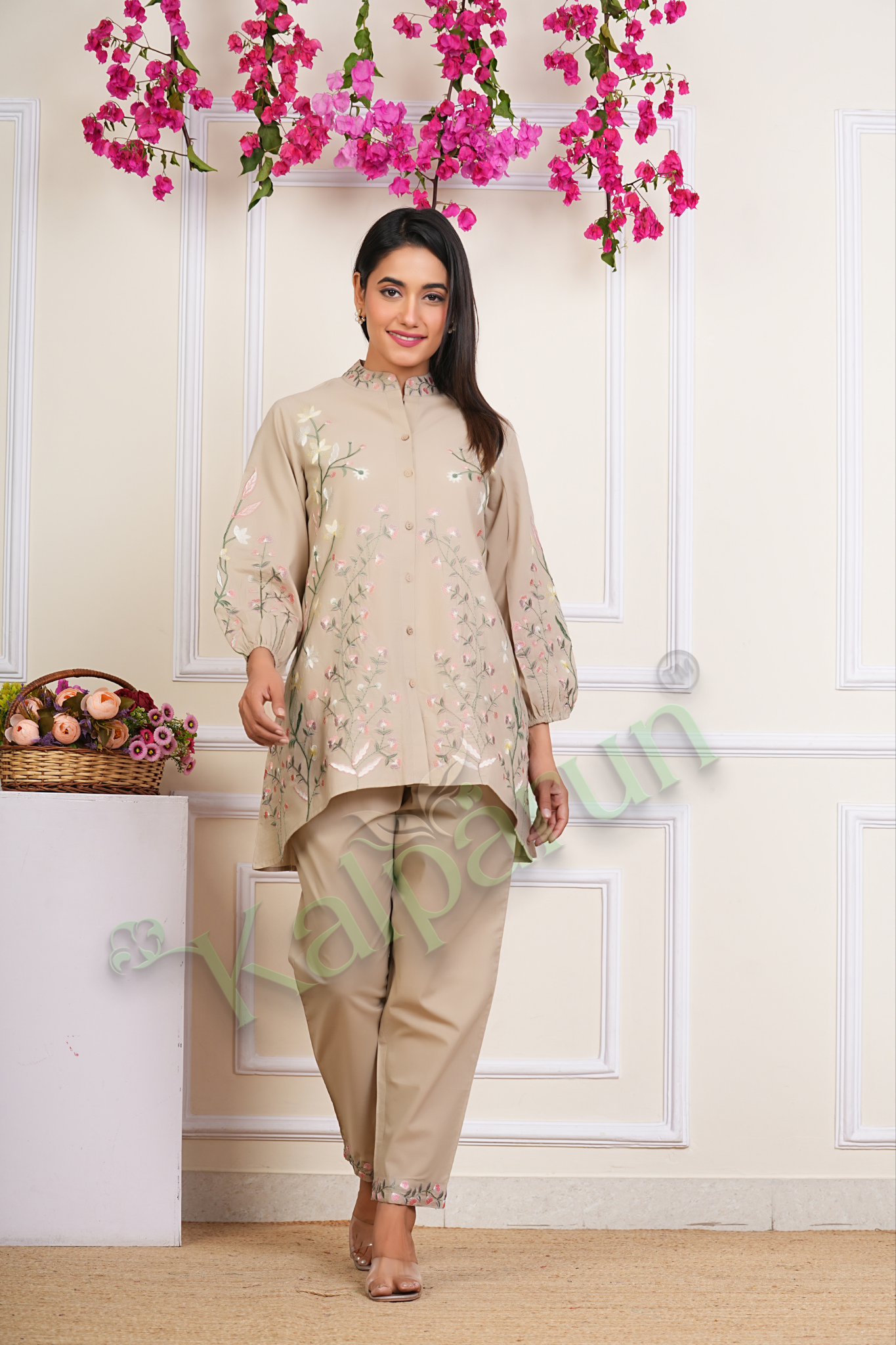 Floral Embroidered CORD SET, Beige Cotton, Mandarin Collar, Full Sleeves