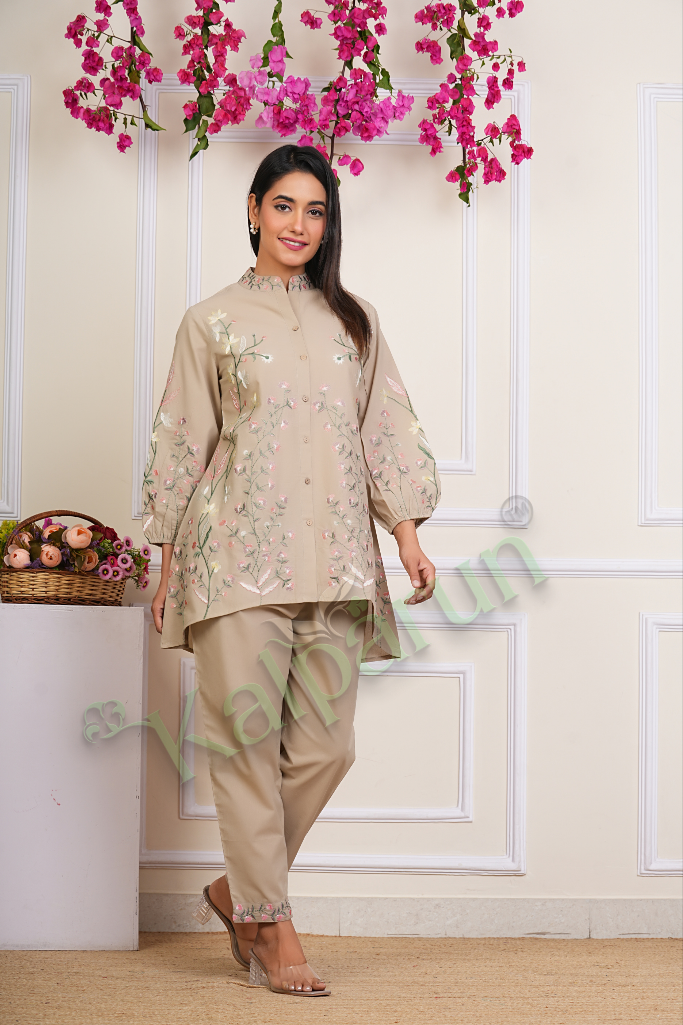 Floral Embroidered CORD SET, Beige Cotton, Mandarin Collar, Full Sleeves
